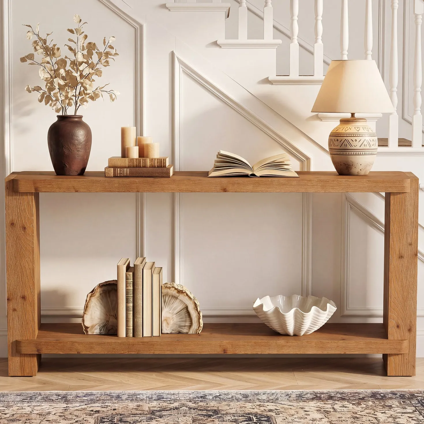 57" Solid Wood Console Table, Narrow Entryway Sofa Table with Shelf for Hallway