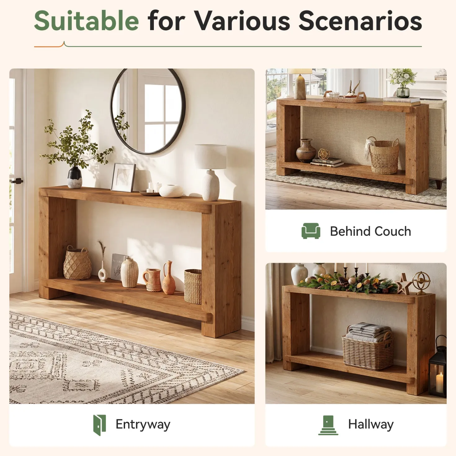57" Solid Wood Console Table, Narrow Entryway Sofa Table with Shelf for Hallway