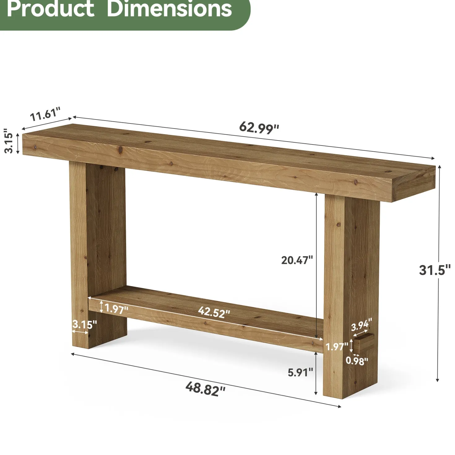 63" Solid Wood Console Table, 2-Tier Narrow Entryway Table for Hallway