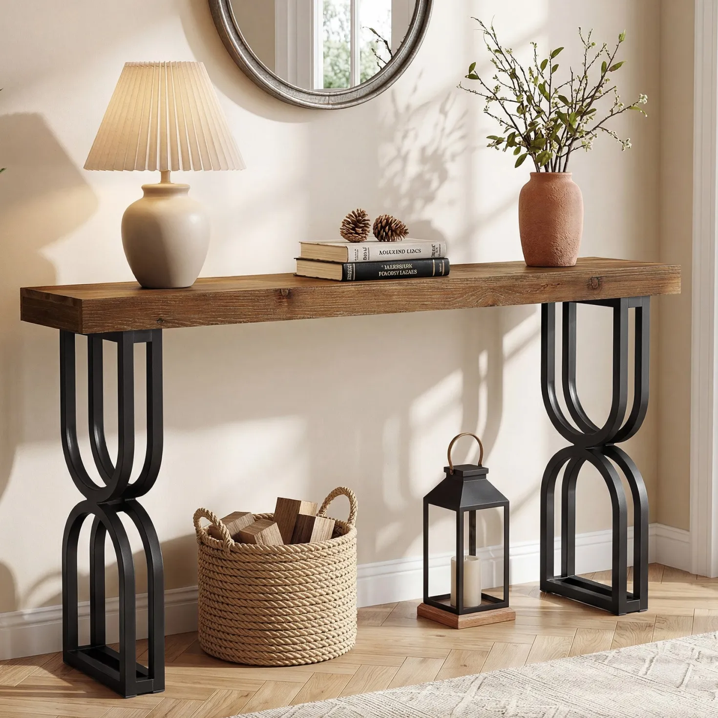 59" Solid Wood Console Table, Narrow Sofa Table with Metal U-Shaped Legs, Industrial Entryway Table for Hallway & Living Room