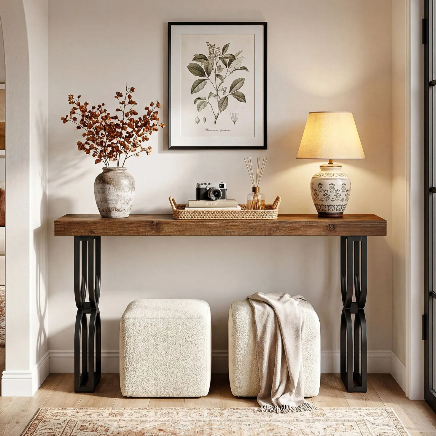 59" Solid Wood Console Table, Narrow Sofa Table with Metal U-Shaped Legs, Industrial Entryway Table for Hallway & Living Room