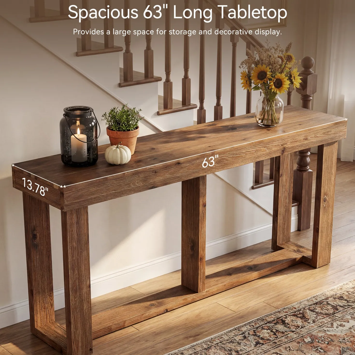 63" Solid Wood Console Table, Farmhouse Sofa Entryway Table for Living Room