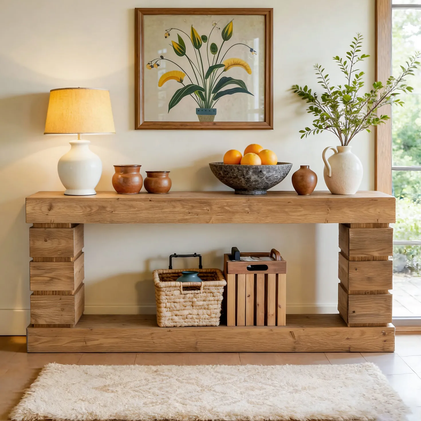 62.9" Solid Wood Console Table with Storage Shelf, Narrow Entryway Sofa Table for Hallway or Living Room
