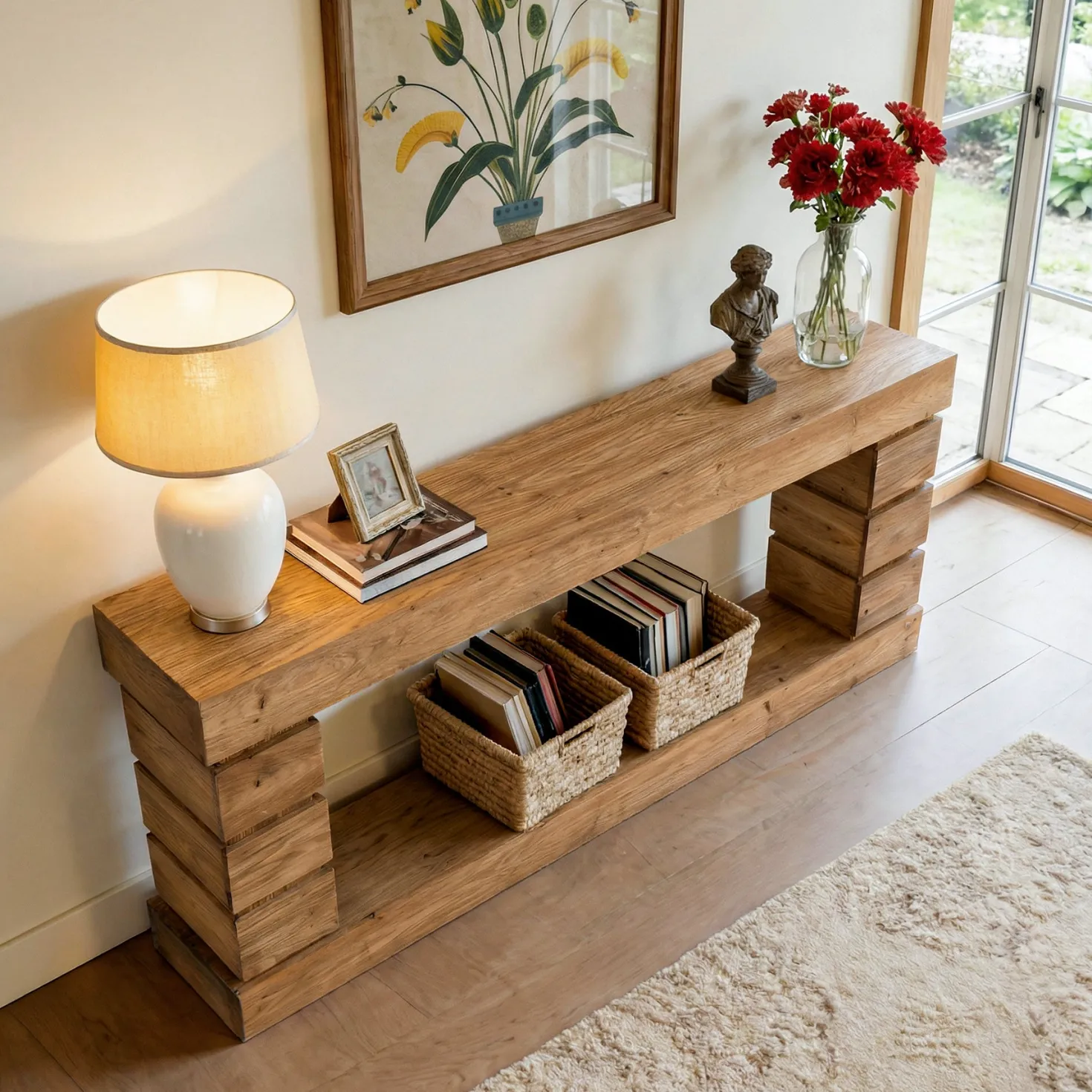 62.9" Solid Wood Console Table with Storage Shelf, Narrow Entryway Sofa Table for Hallway or Living Room