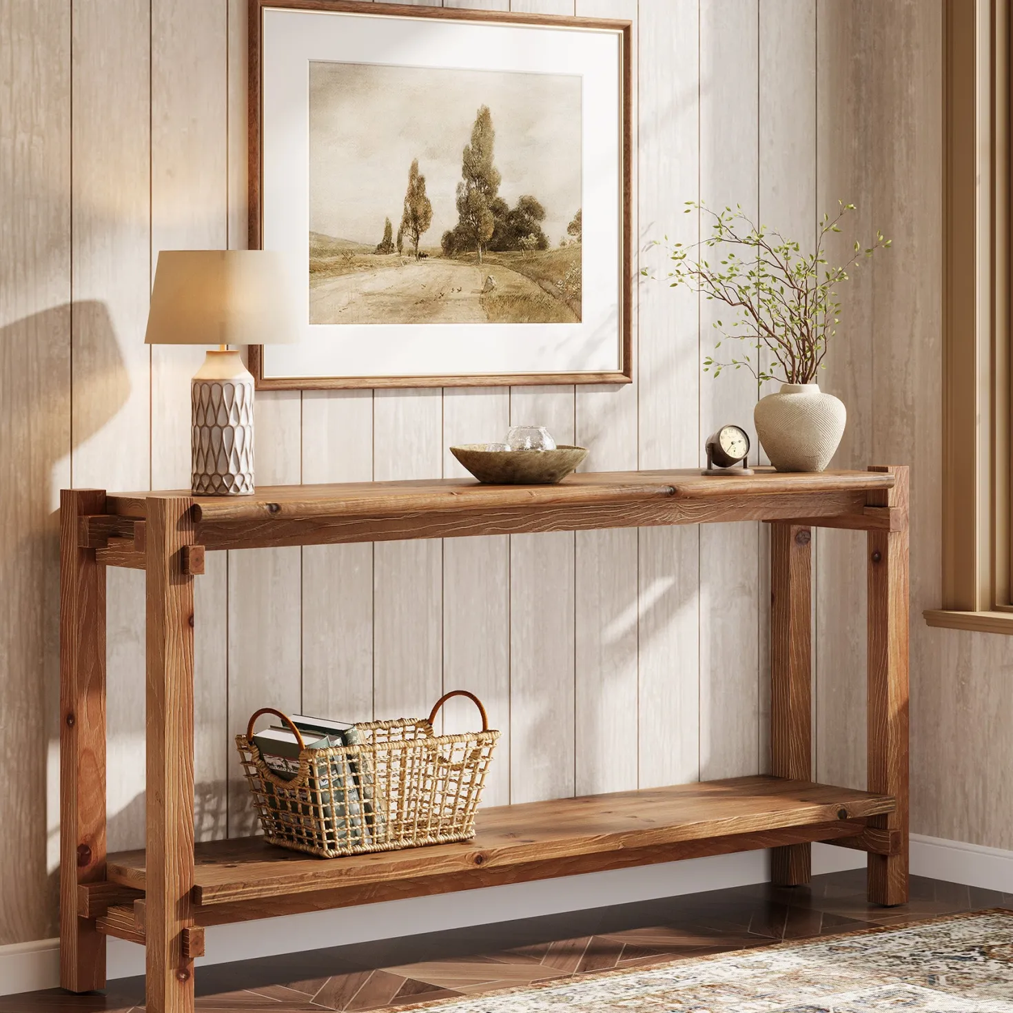 63" Solid Wood Console Table, 2-Tier Farmhouse Entryway Table with Storage