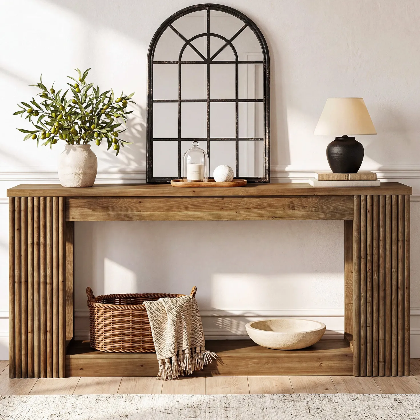 63" Solid Wood Console Table with Storage Shelf, Farmhouse Entryway Table with Fluted Legs