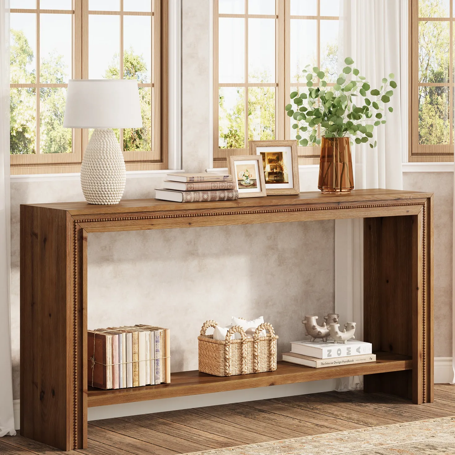 63" Solid Wood Console Table, Narrow Entryway Table with 2-Tier Storage Shelf