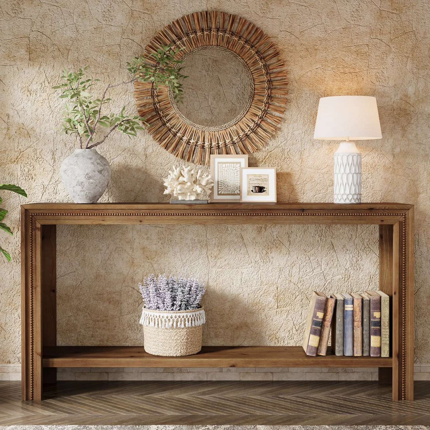 63" Solid Wood Console Table, Narrow Entryway Table with 2-Tier Storage Shelf