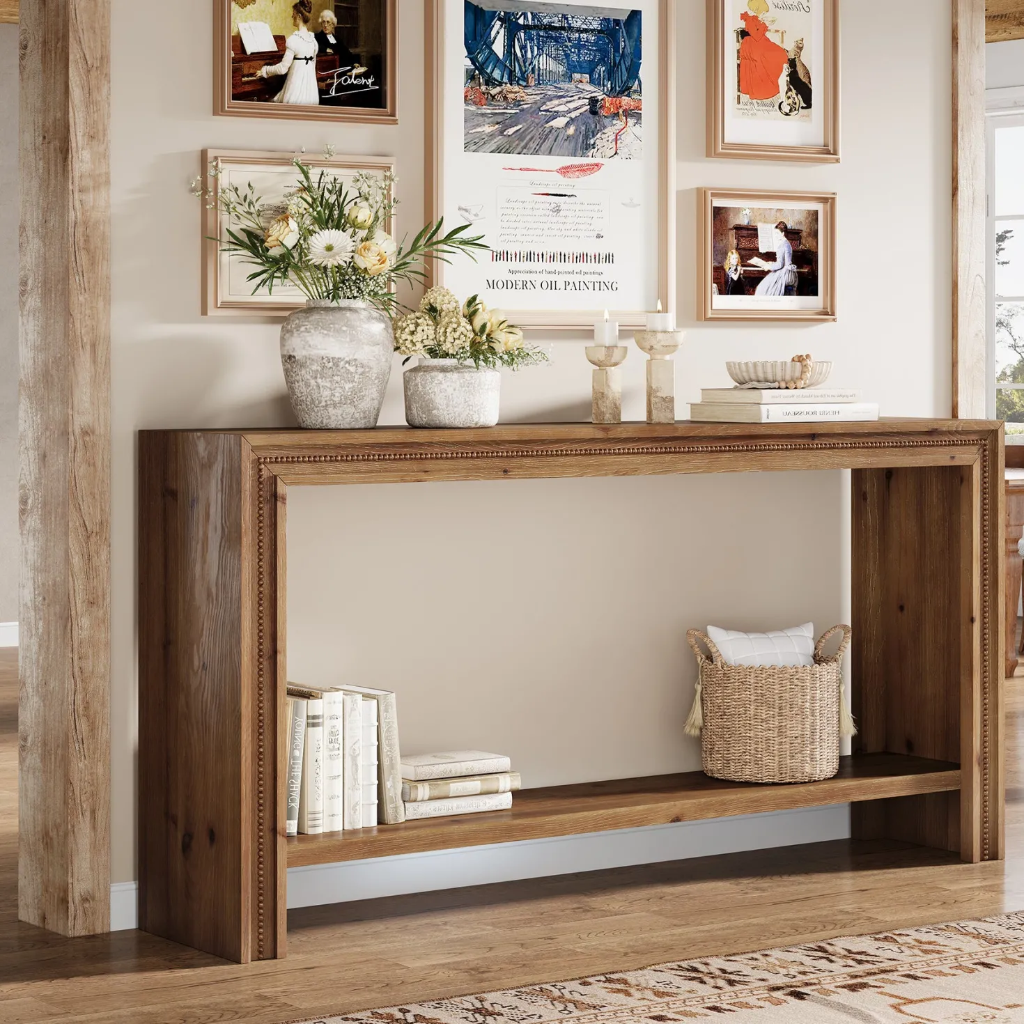 63" Solid Wood Console Table, Narrow Entryway Table with 2-Tier Storage Shelf