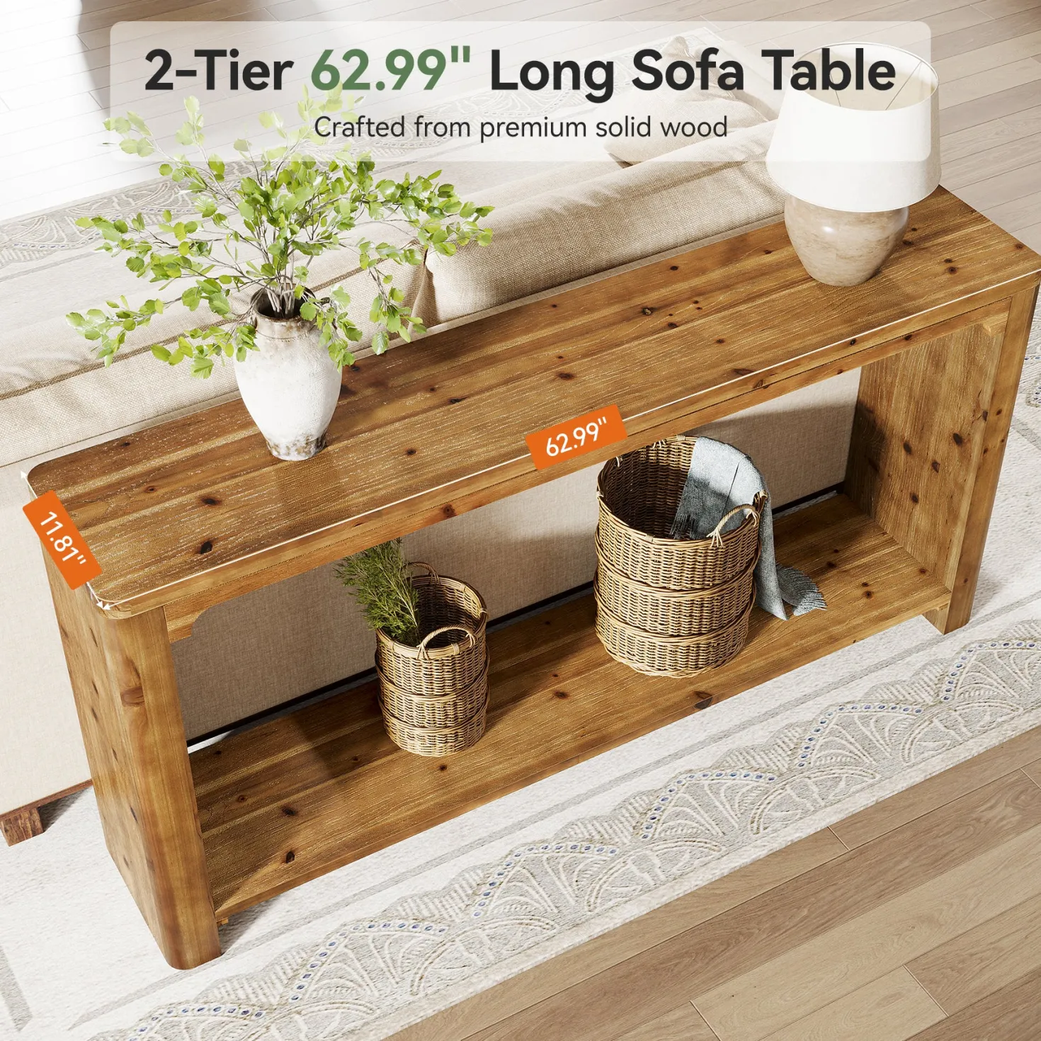 63" Solid Wood Console Table, Farmhouse Sofa Table Entryway Table with 2-Tier Storage
