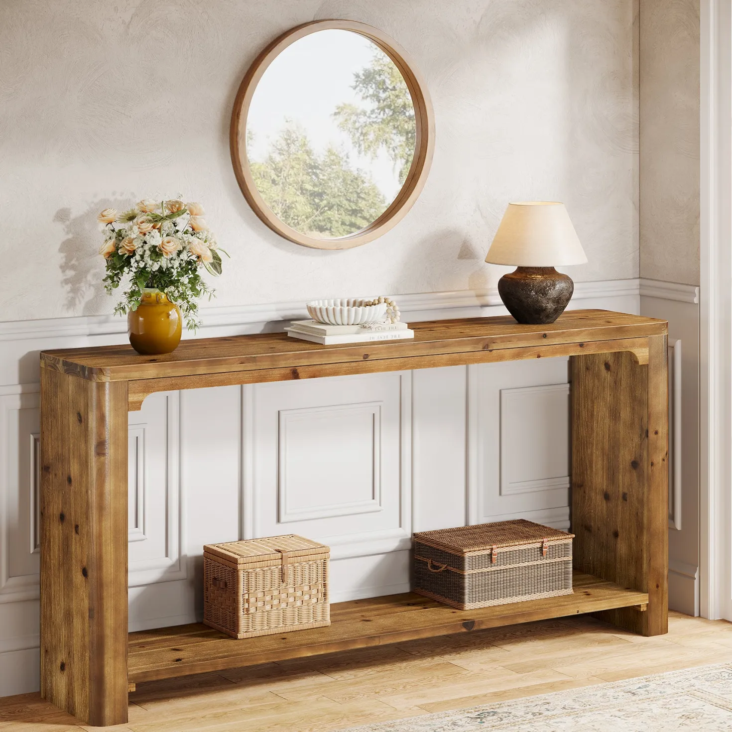 63" Solid Wood Console Table, Farmhouse Sofa Table Entryway Table with 2-Tier Storage