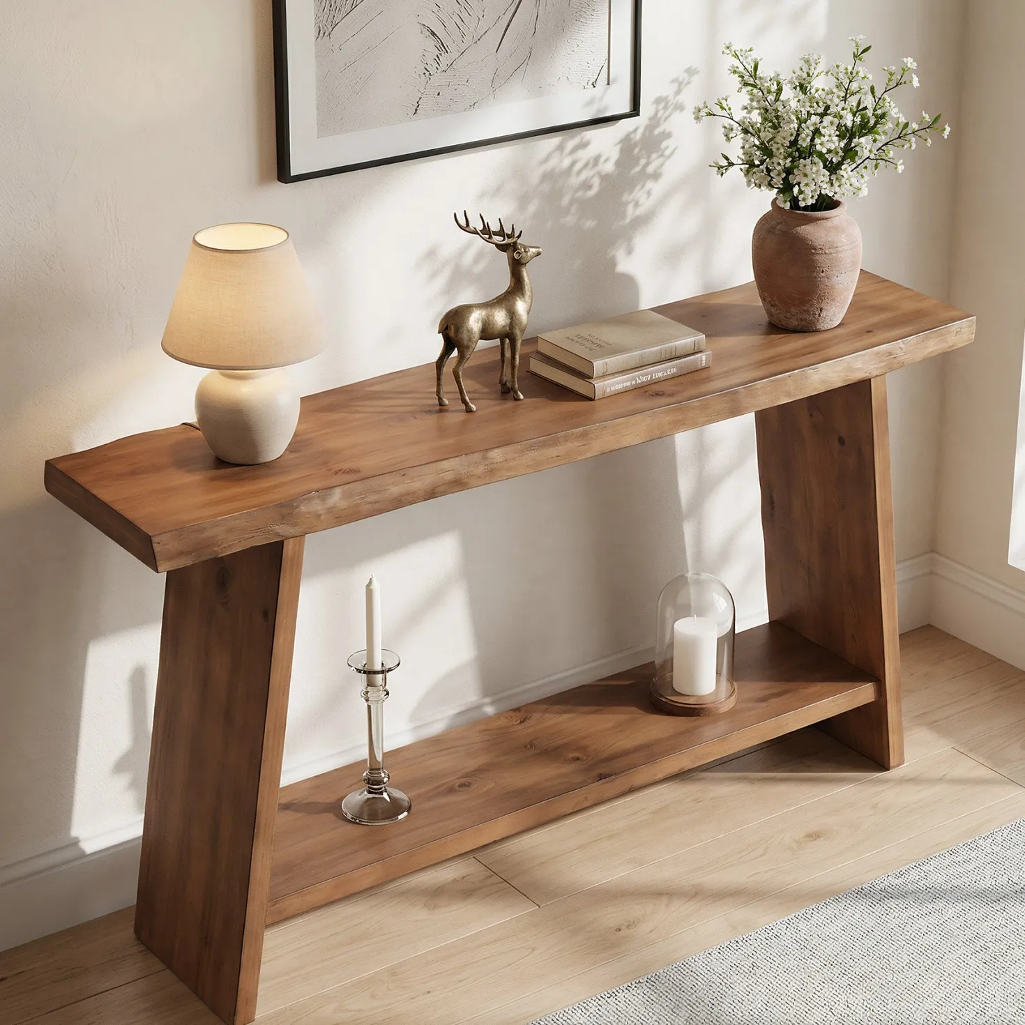 63" Solid Wood Console Table with Shelf, Farmhouse Narrow Entryway & Sofa Table