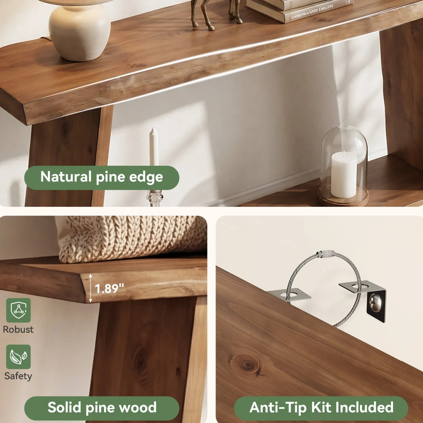 63" Solid Wood Console Table with Shelf, Farmhouse Narrow Entryway & Sofa Table