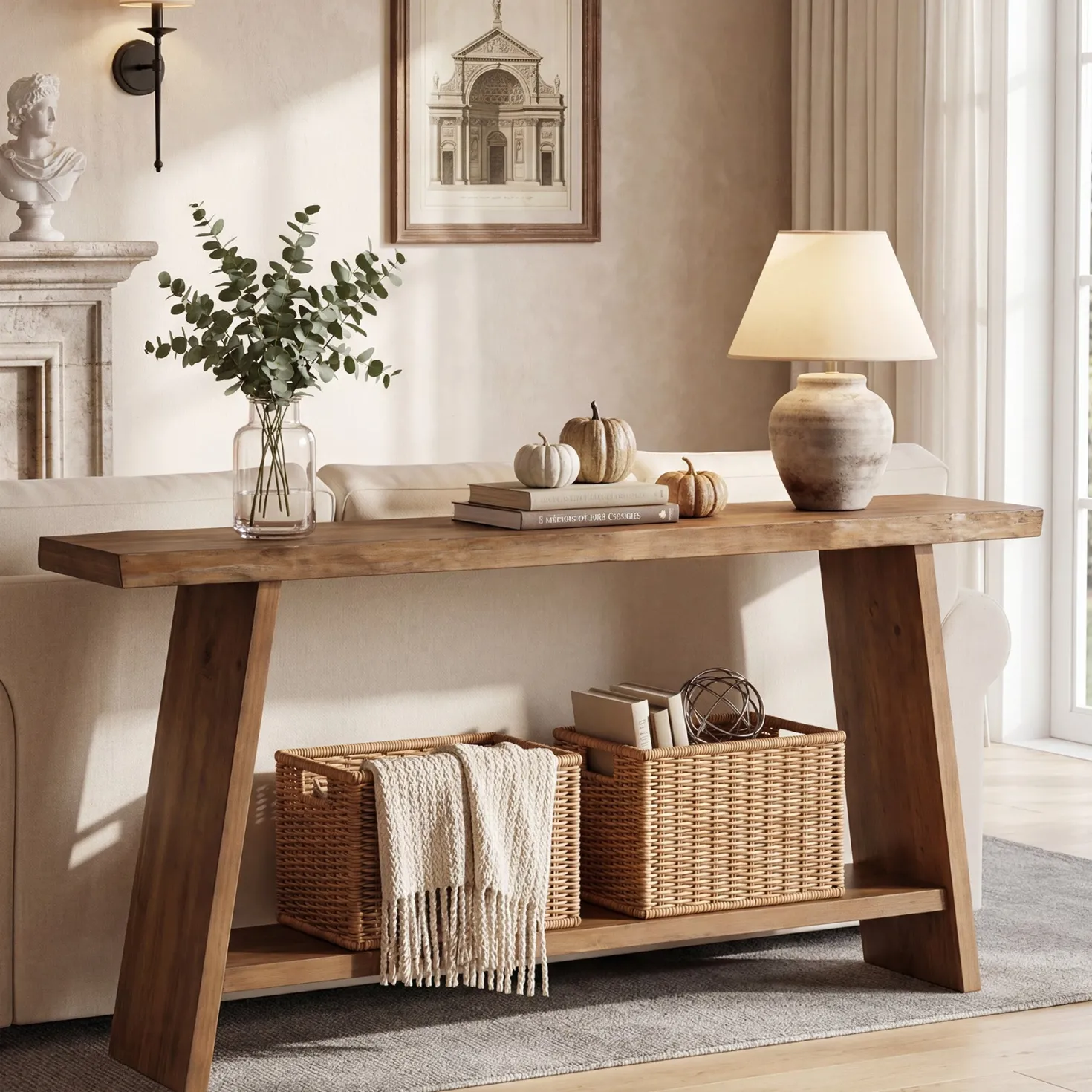 63" Solid Wood Console Table with Shelf, Farmhouse Narrow Entryway & Sofa Table