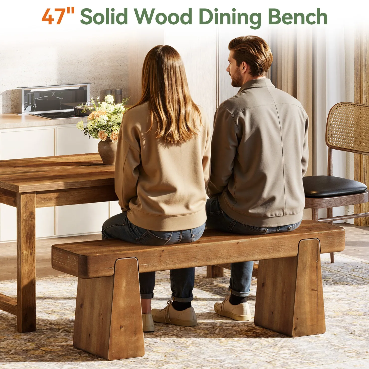 47" Solid Wood Dining Bench, Farmhouse Dining Table Bench for 2-3