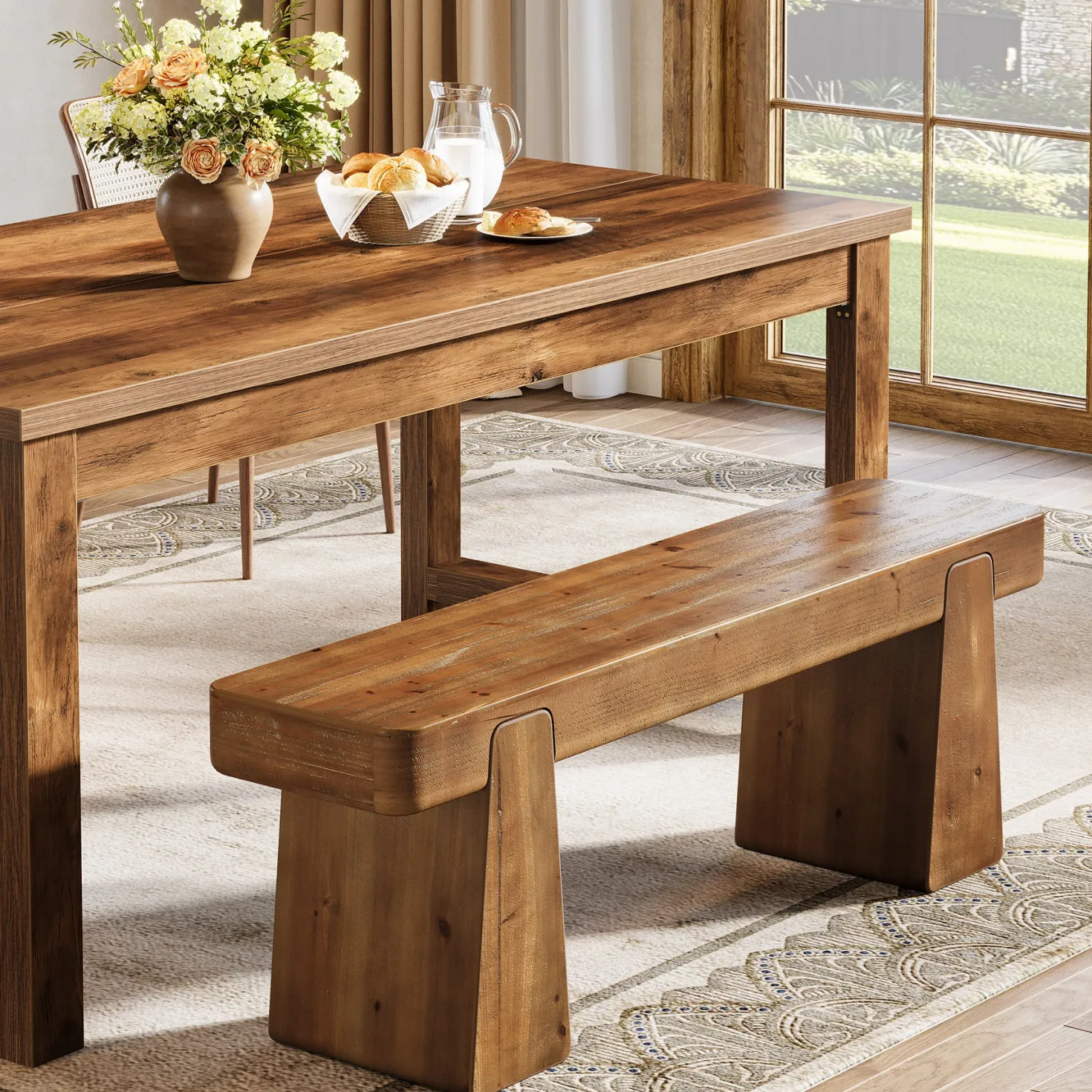 47" Solid Wood Dining Bench, Farmhouse Dining Table Bench for 2-3