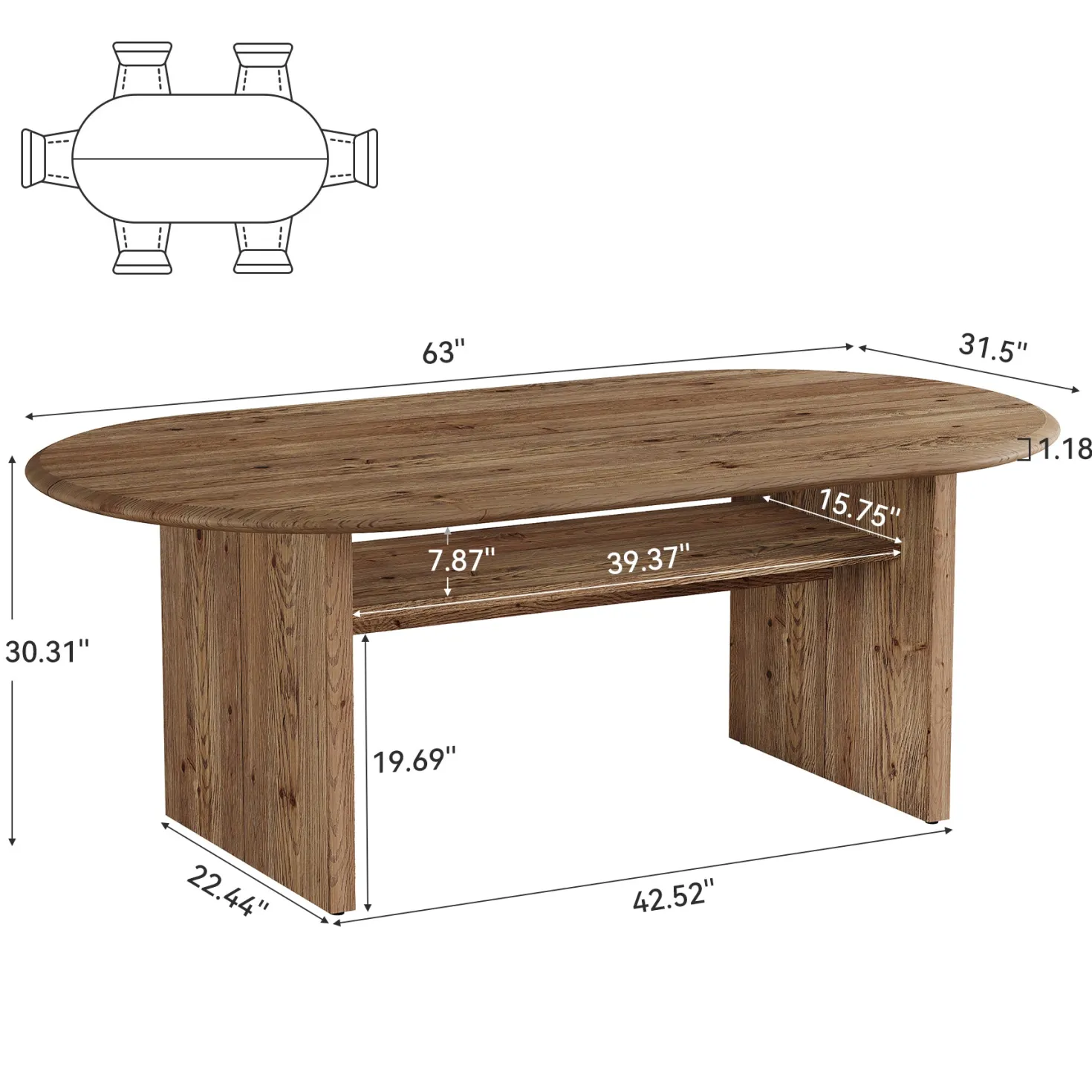 63" Solid Wood Dining Table for 6, Oval Kitchen Table with Storage for Dining Room