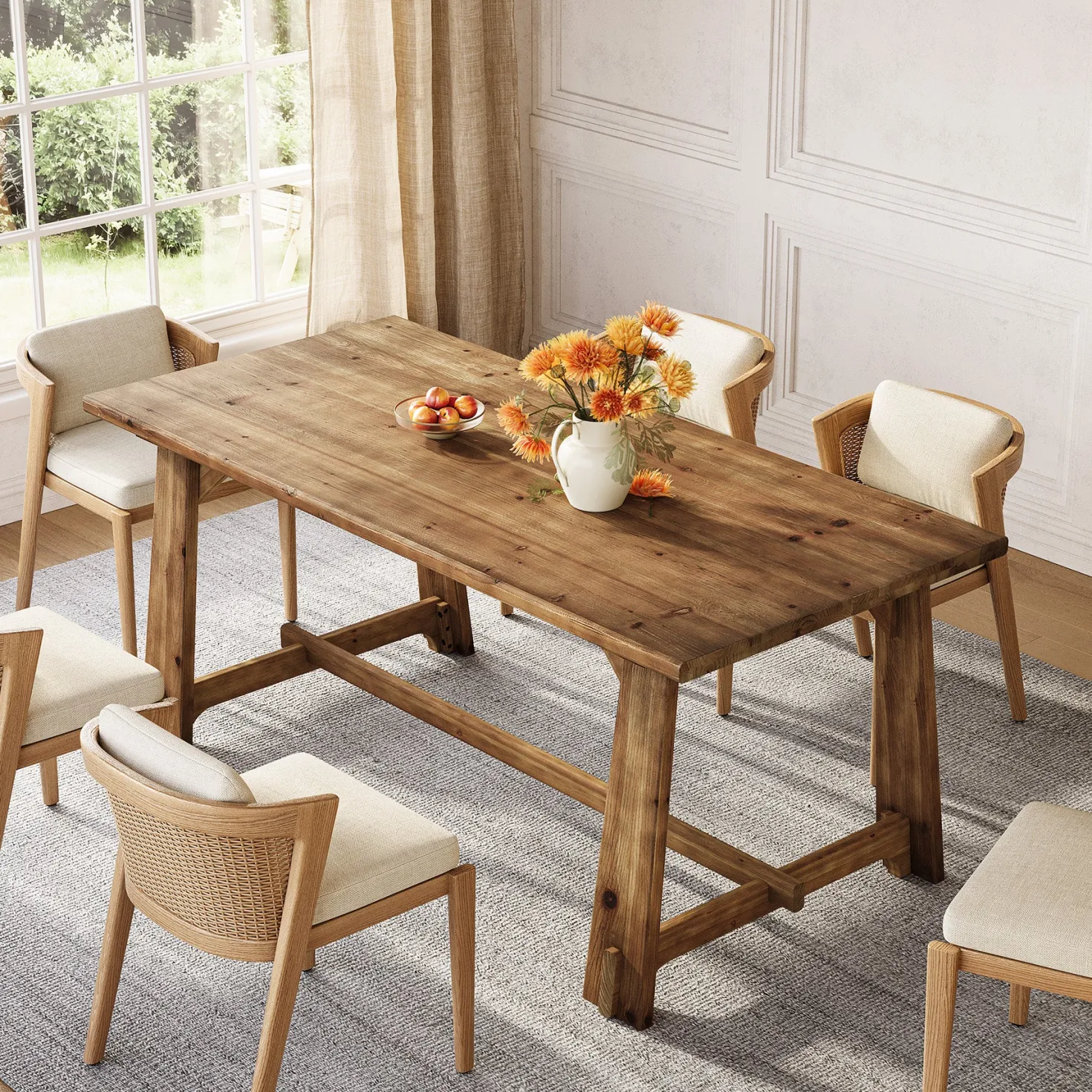 63" Solid Wood Dining Table for 4-6 People, Rustic Farmhouse Kitchen & Dining Room Table