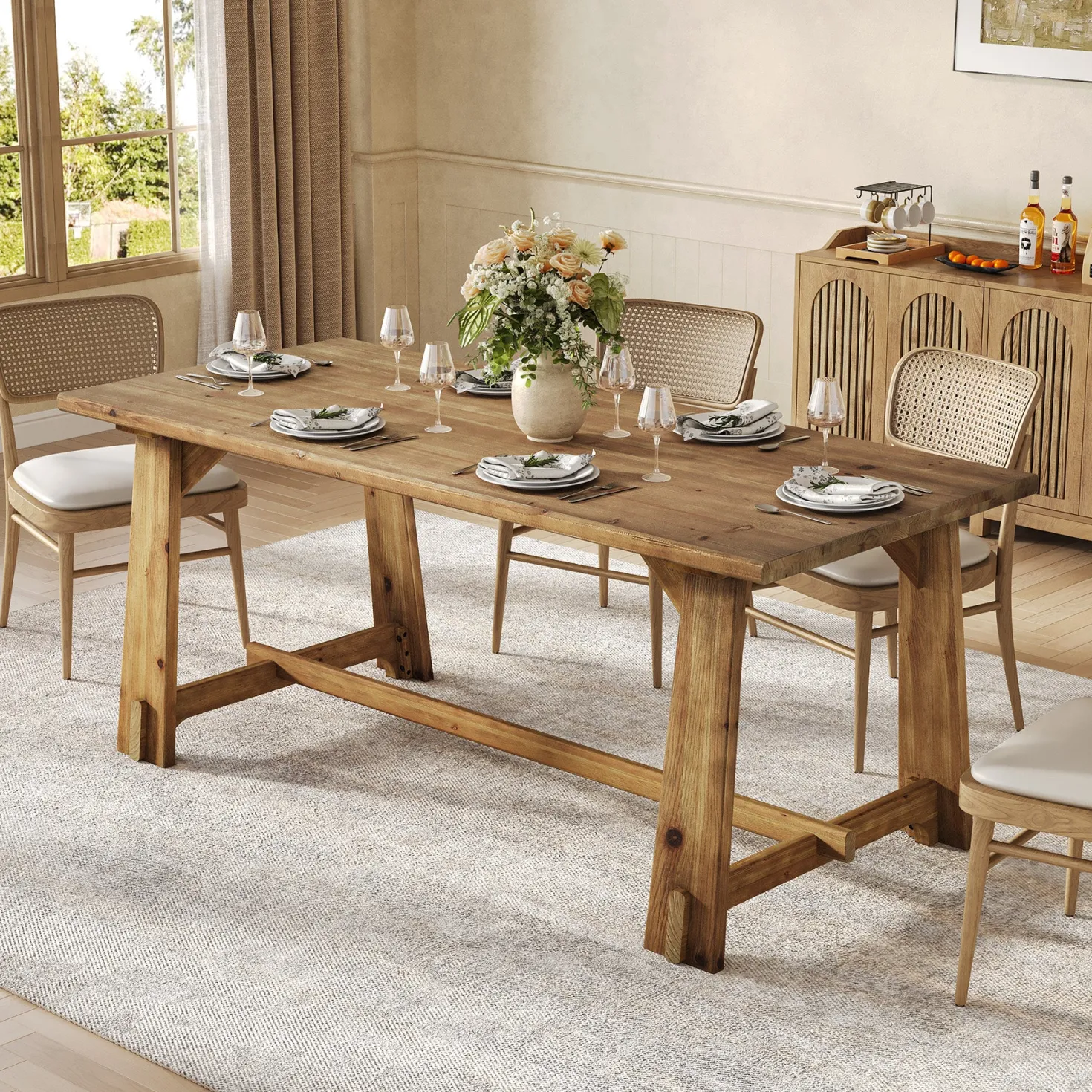 63" Solid Wood Dining Table for 4-6 People, Rustic Farmhouse Kitchen & Dining Room Table