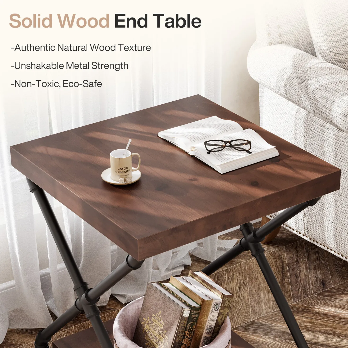 19.68" Solid Wood End Table, Sofa Side Table with Storage Shelf for Living Room