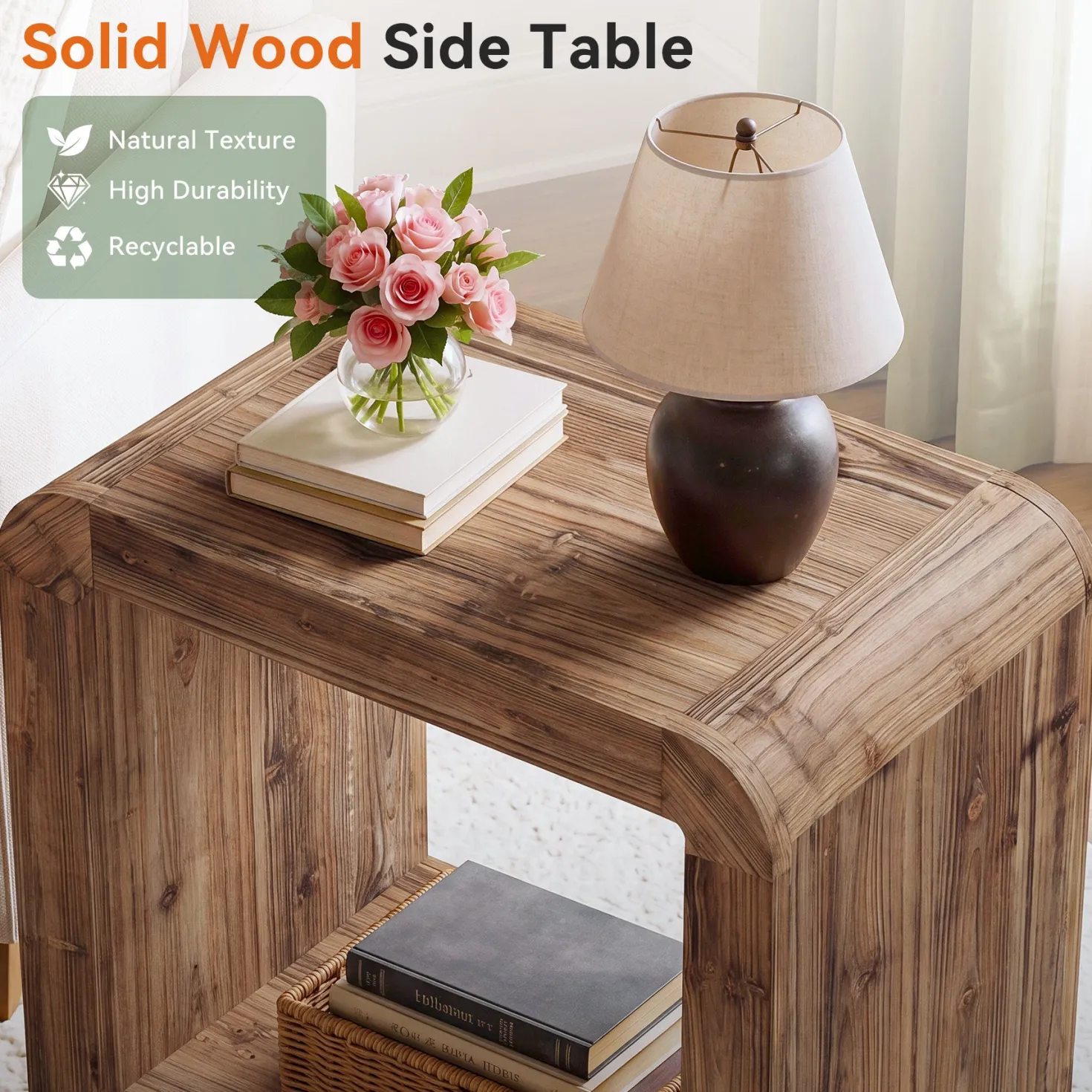23.62" Solid Wood End Table, 2-Tier Narrow Side Table with Storage for Living Room