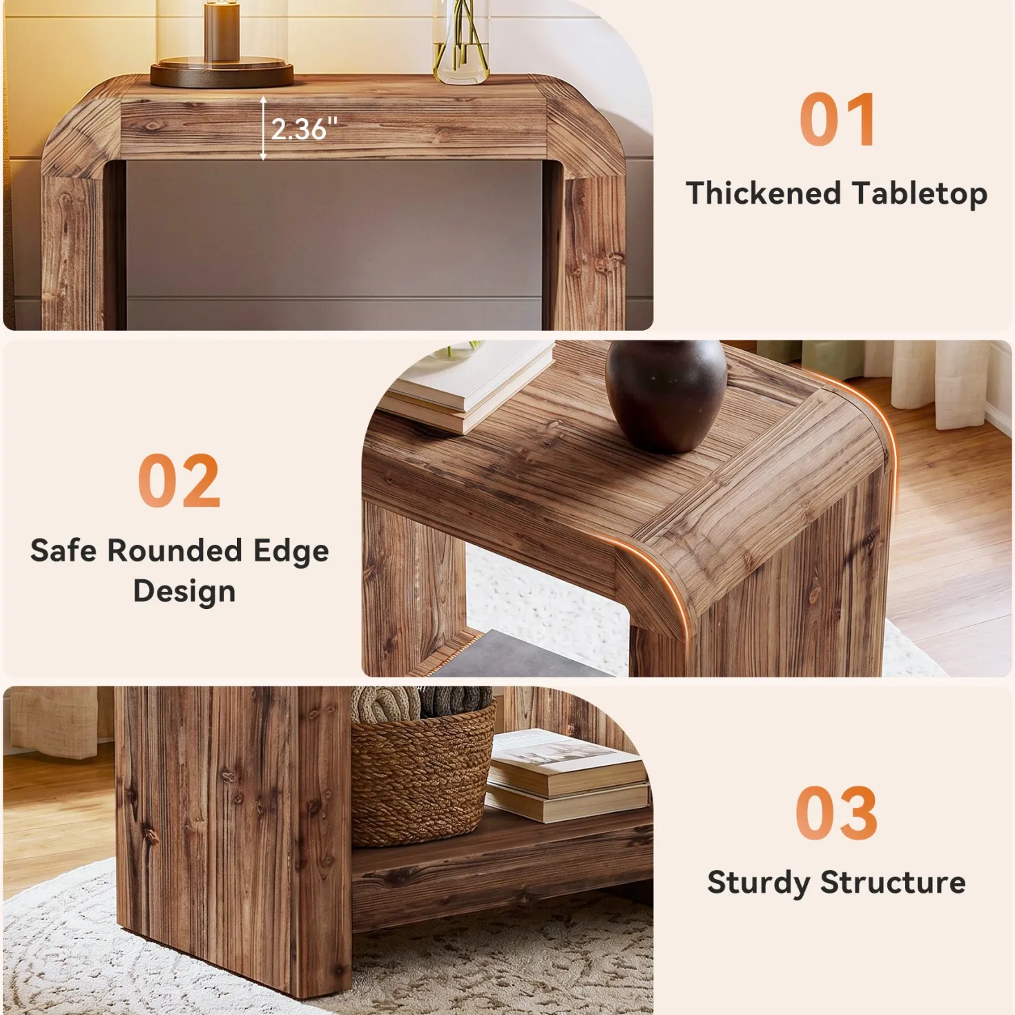 23.62" Solid Wood End Table, 2-Tier Narrow Side Table with Storage for Living Room