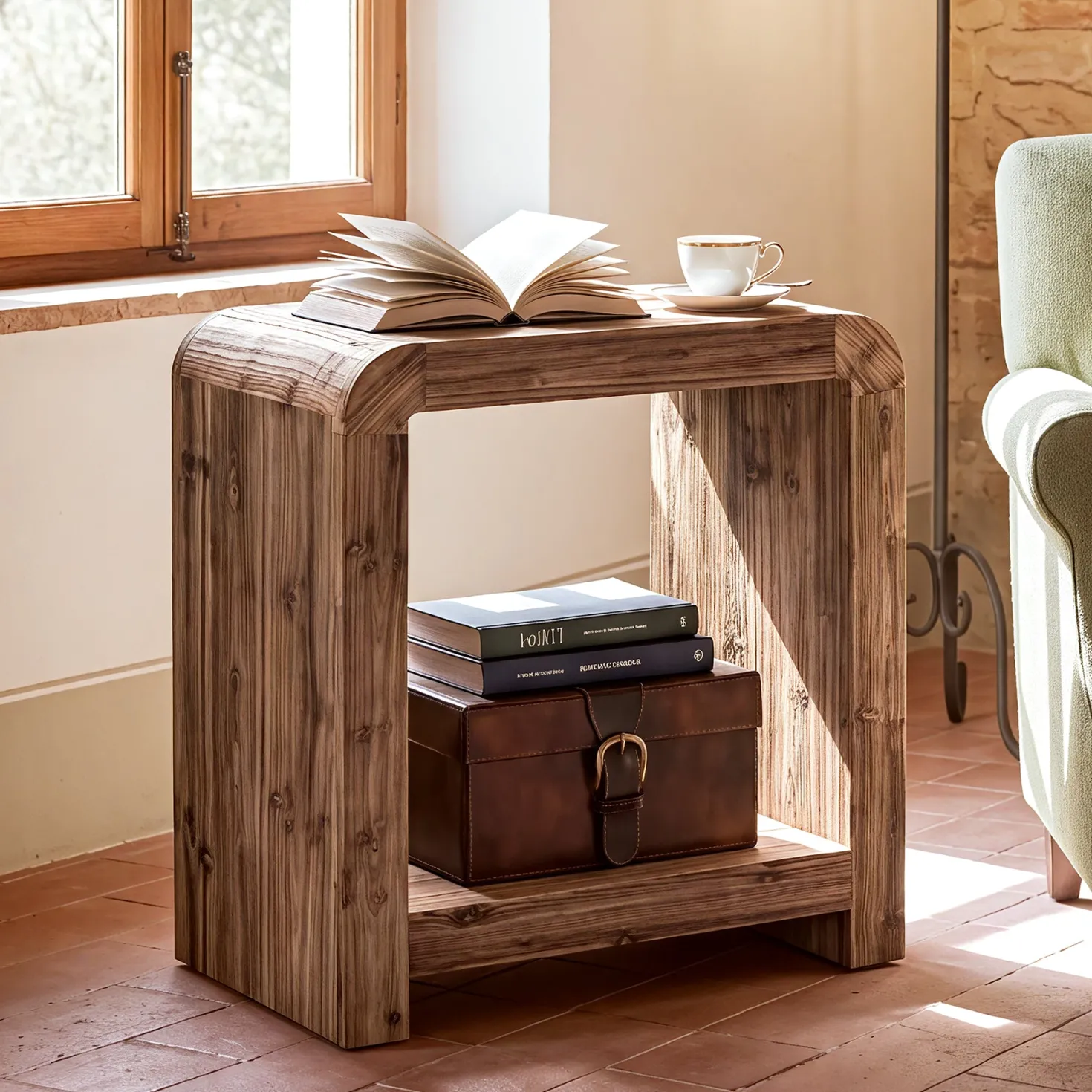 23.62" Solid Wood End Table, 2-Tier Narrow Side Table with Storage for Living Room