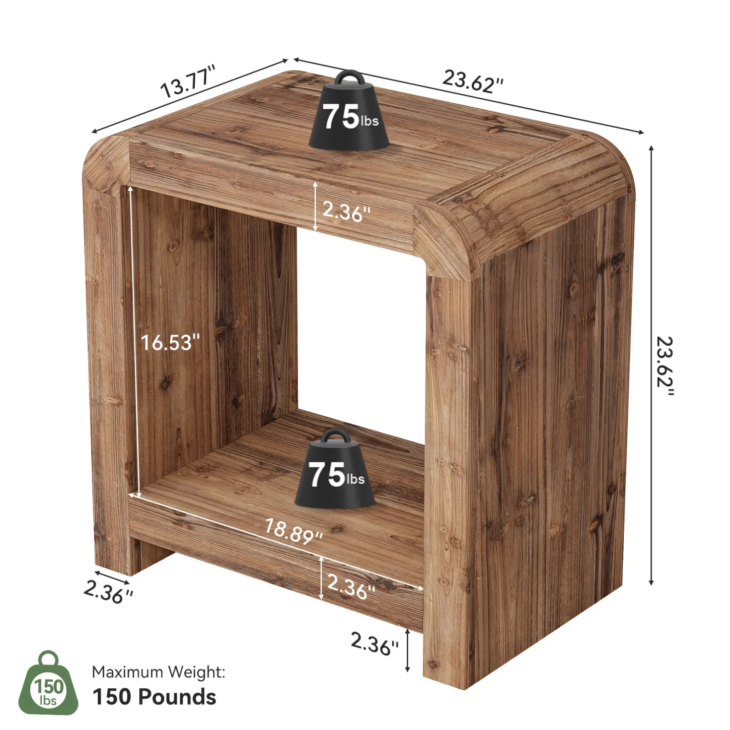 23.62" Solid Wood End Table, 2-Tier Narrow Side Table with Storage for Living Room