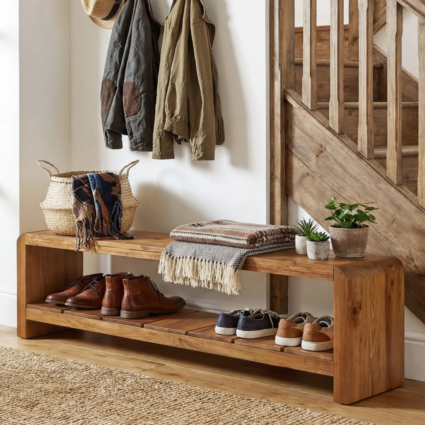59" Solid Wood Entryway Bench, Farmhouse End of Bed Seating Shoe Bench with Storage