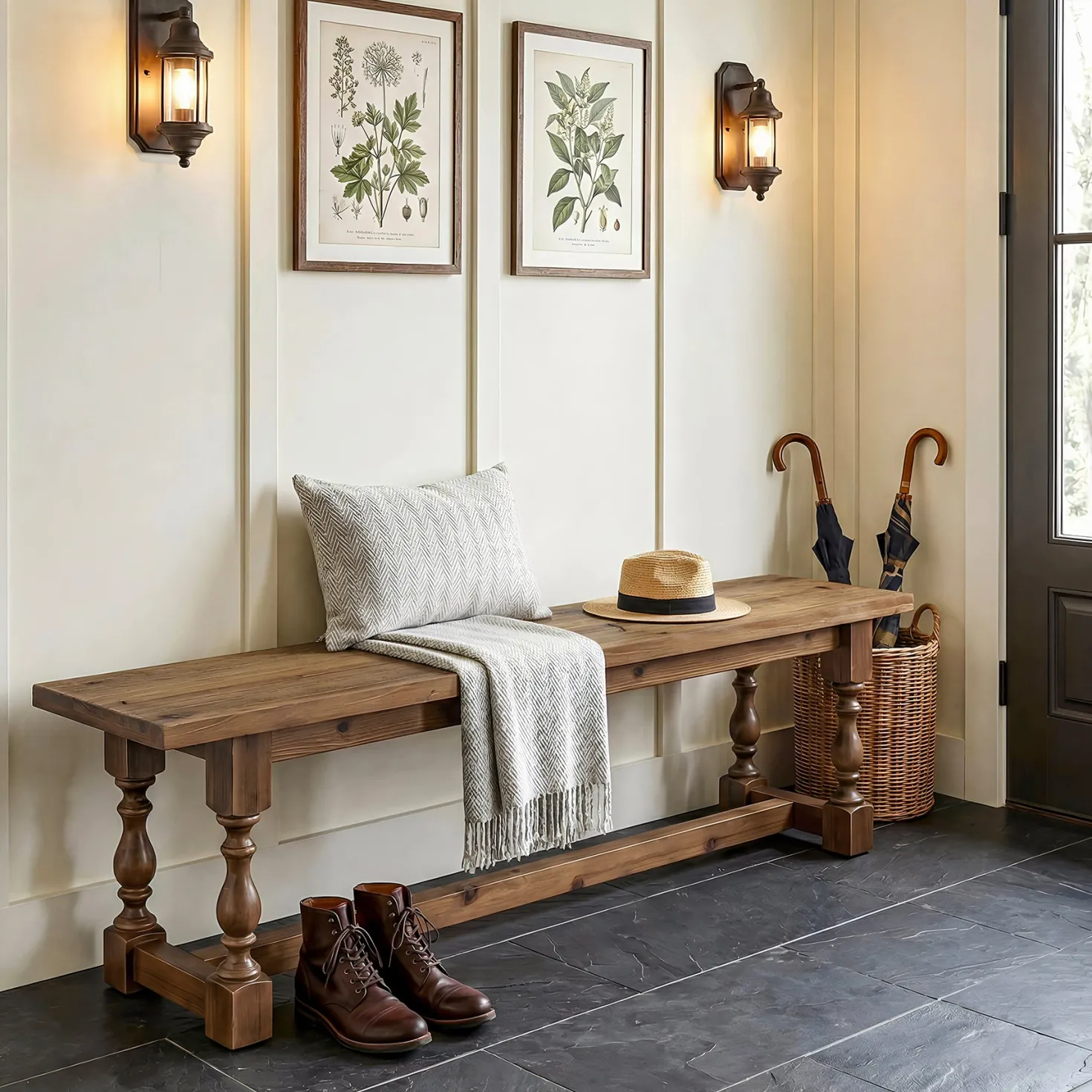 59.1" Solid Wood Entryway Bench with Turned Legs