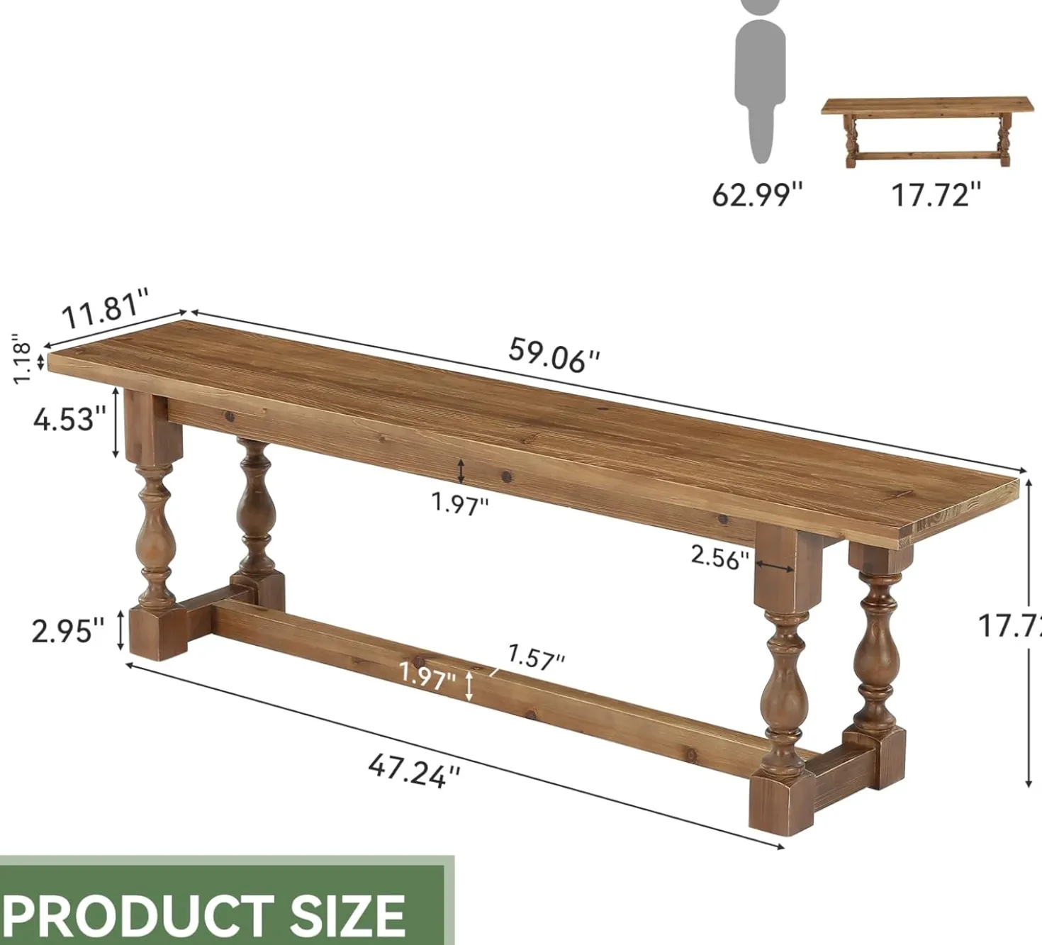 59.1" Solid Wood Entryway Bench with Turned Legs