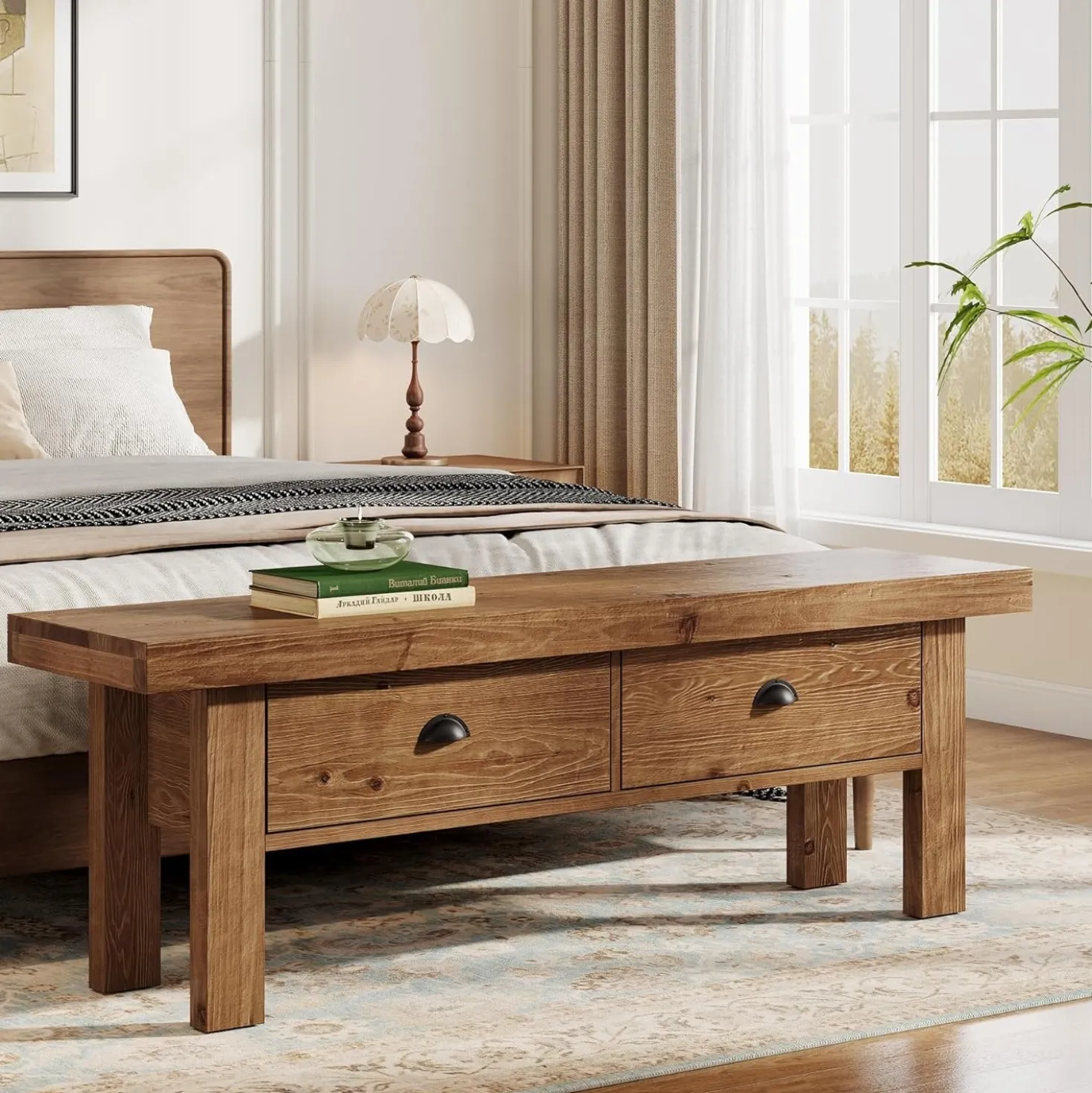 55" Solid Wood Entryway Bench, Farmhouse Long Bench End of Bed Stool with 2 Drawers