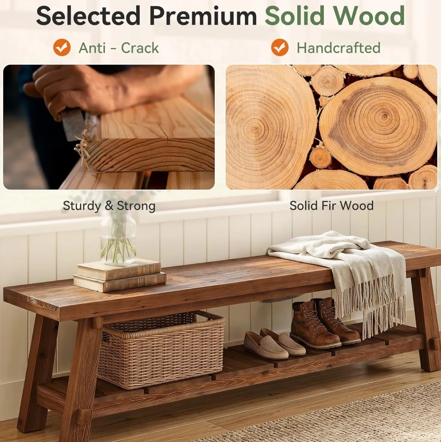 71" Solid Wood Entryway Bench, Rustic Extra Long Hallway Seating with Shoe Storage for Living Room and Bedroom