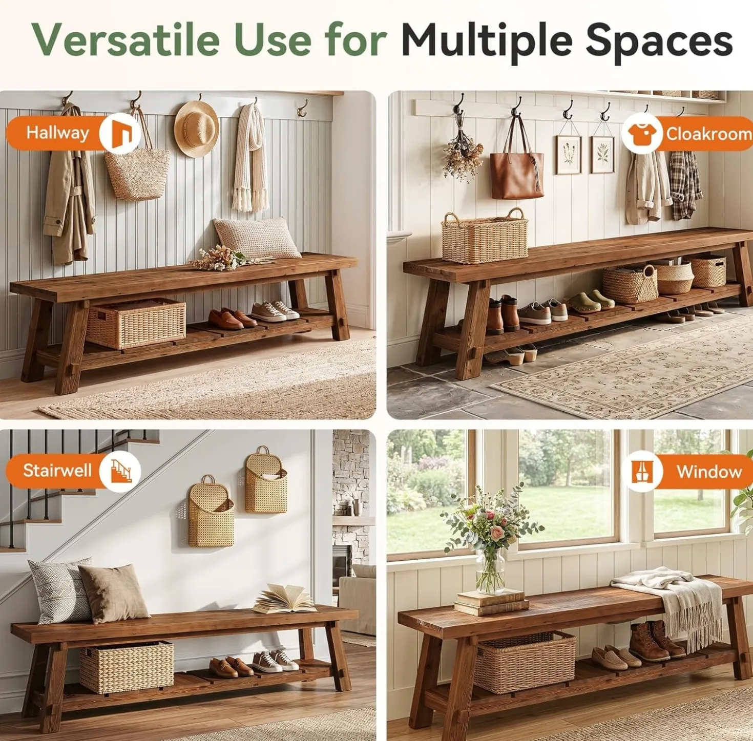 71" Solid Wood Entryway Bench, Rustic Extra Long Hallway Seating with Shoe Storage for Living Room and Bedroom