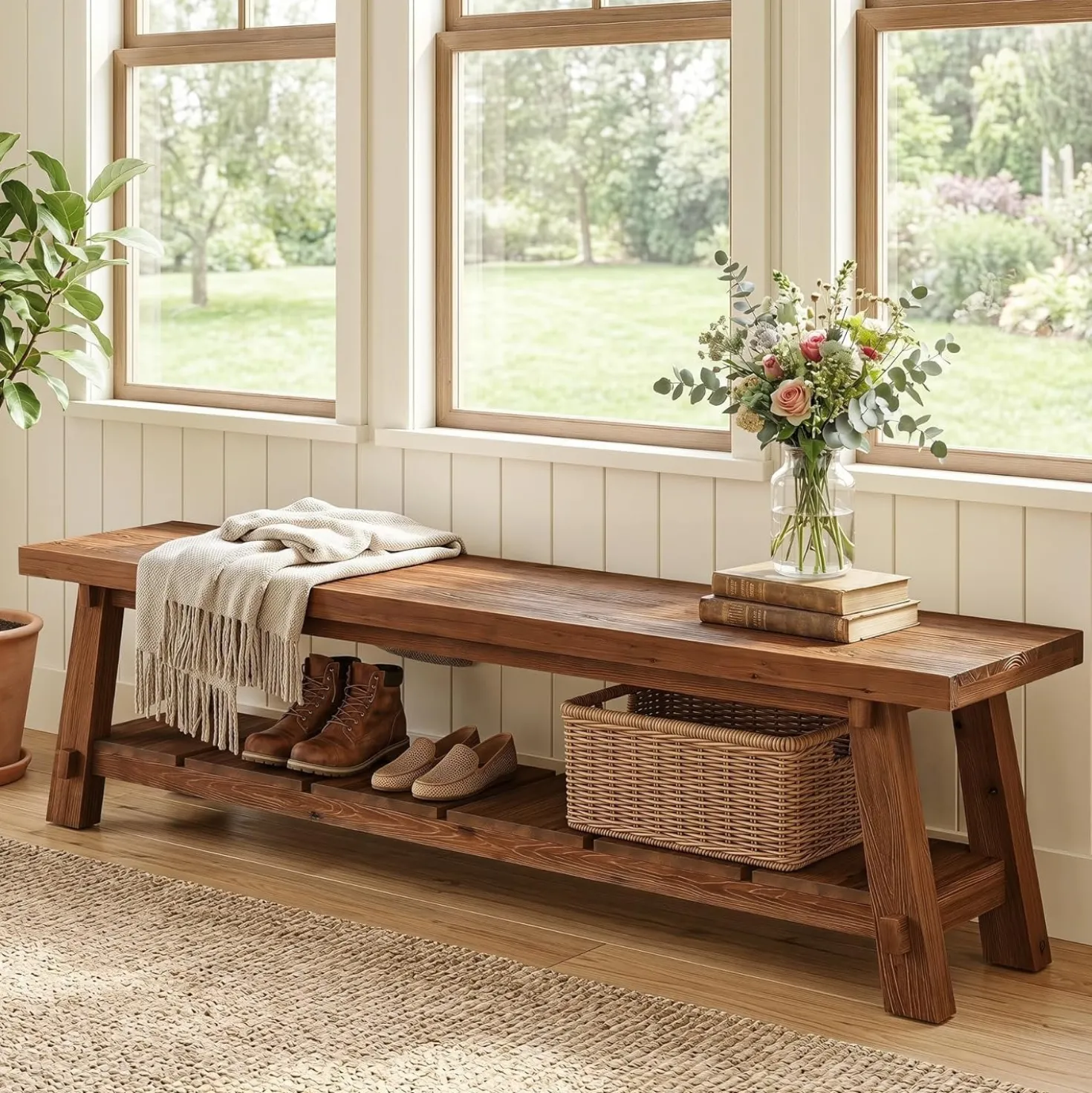 71" Solid Wood Entryway Bench, Rustic Extra Long Hallway Seating with Shoe Storage for Living Room and Bedroom