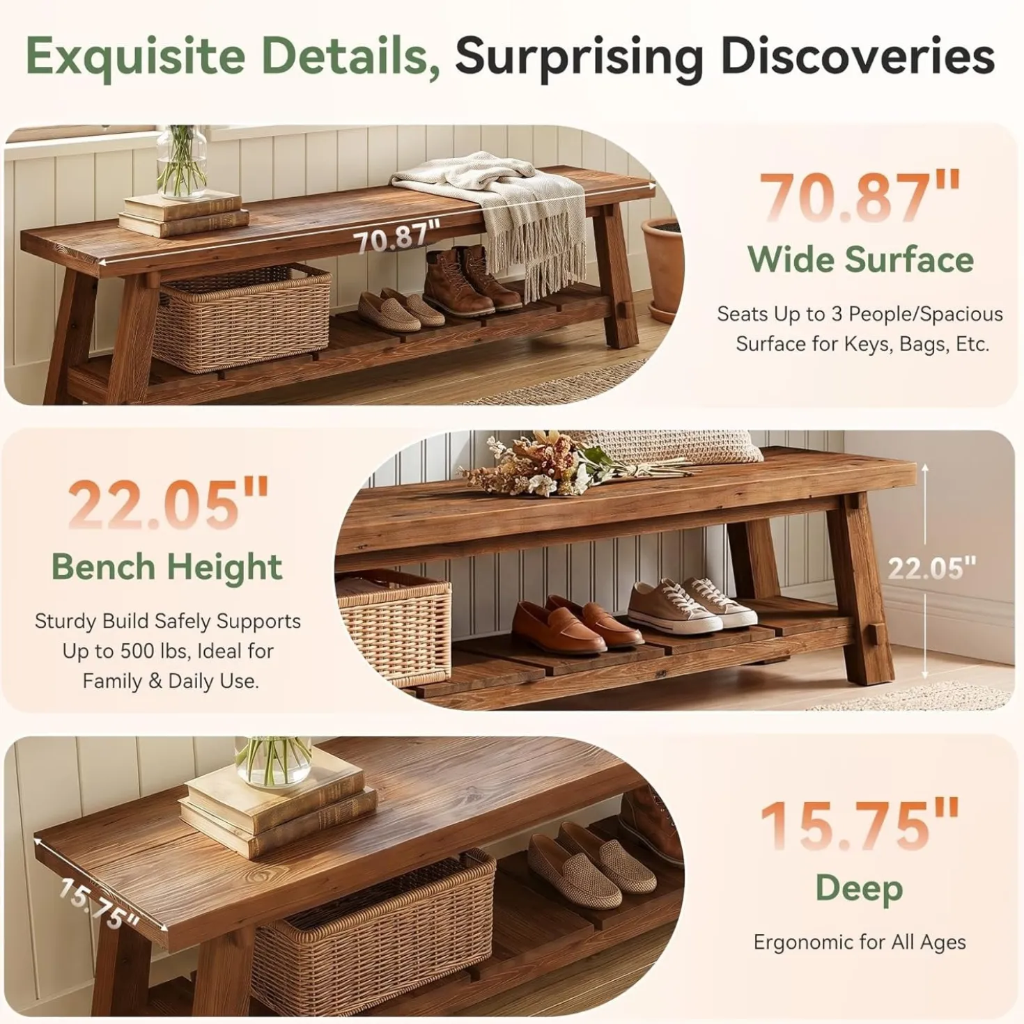 71" Solid Wood Entryway Bench, Rustic Extra Long Hallway Seating with Shoe Storage for Living Room and Bedroom