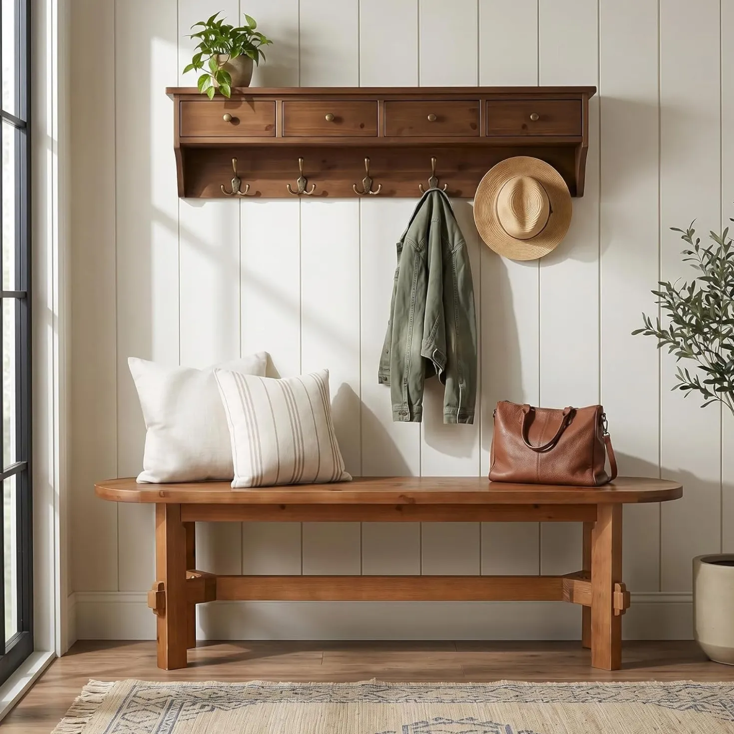 55" Solid Wood Entryway Bench, Shoe Storage Bench for Hallway & Living Room