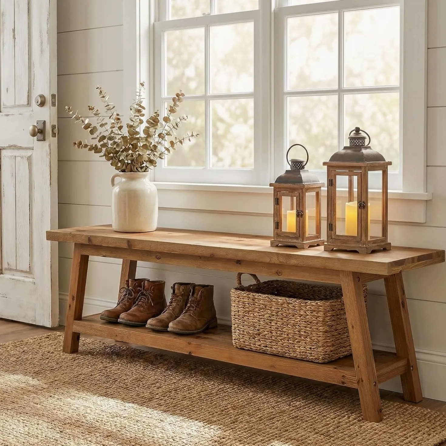 63" Solid Wood Entryway Bench, Hallway Shoe Bench with Storage Shelf