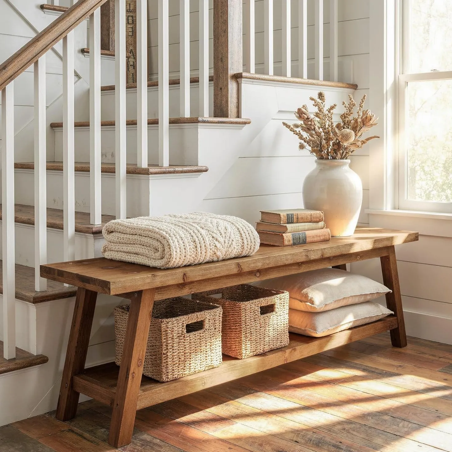 63" Solid Wood Entryway Bench, Hallway Shoe Bench with Storage Shelf