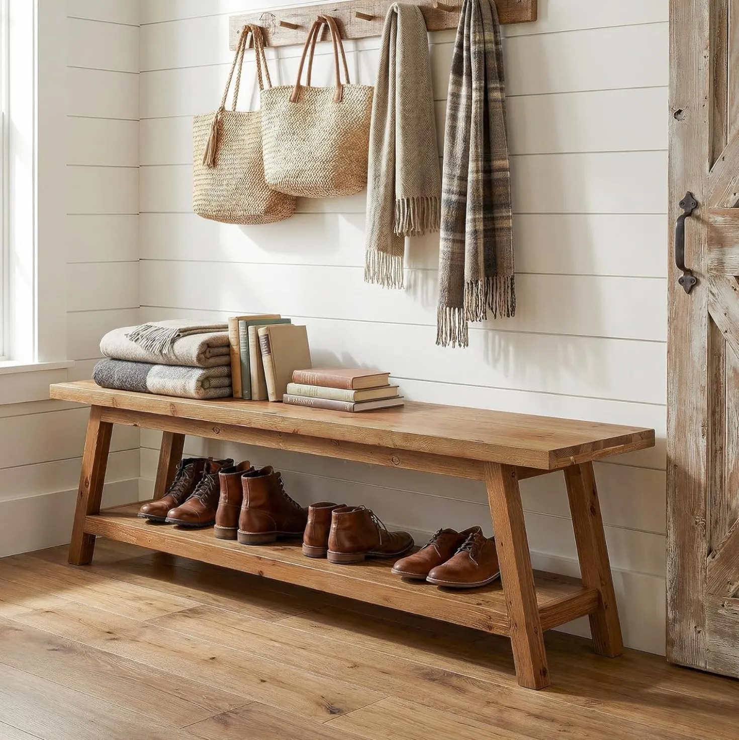 63" Solid Wood Entryway Bench, Hallway Shoe Bench with Storage Shelf