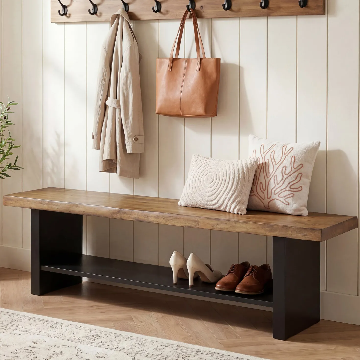55" Solid Wood Entryway Bench, 2-Tier Farmhouse Bench with Shoe Storage