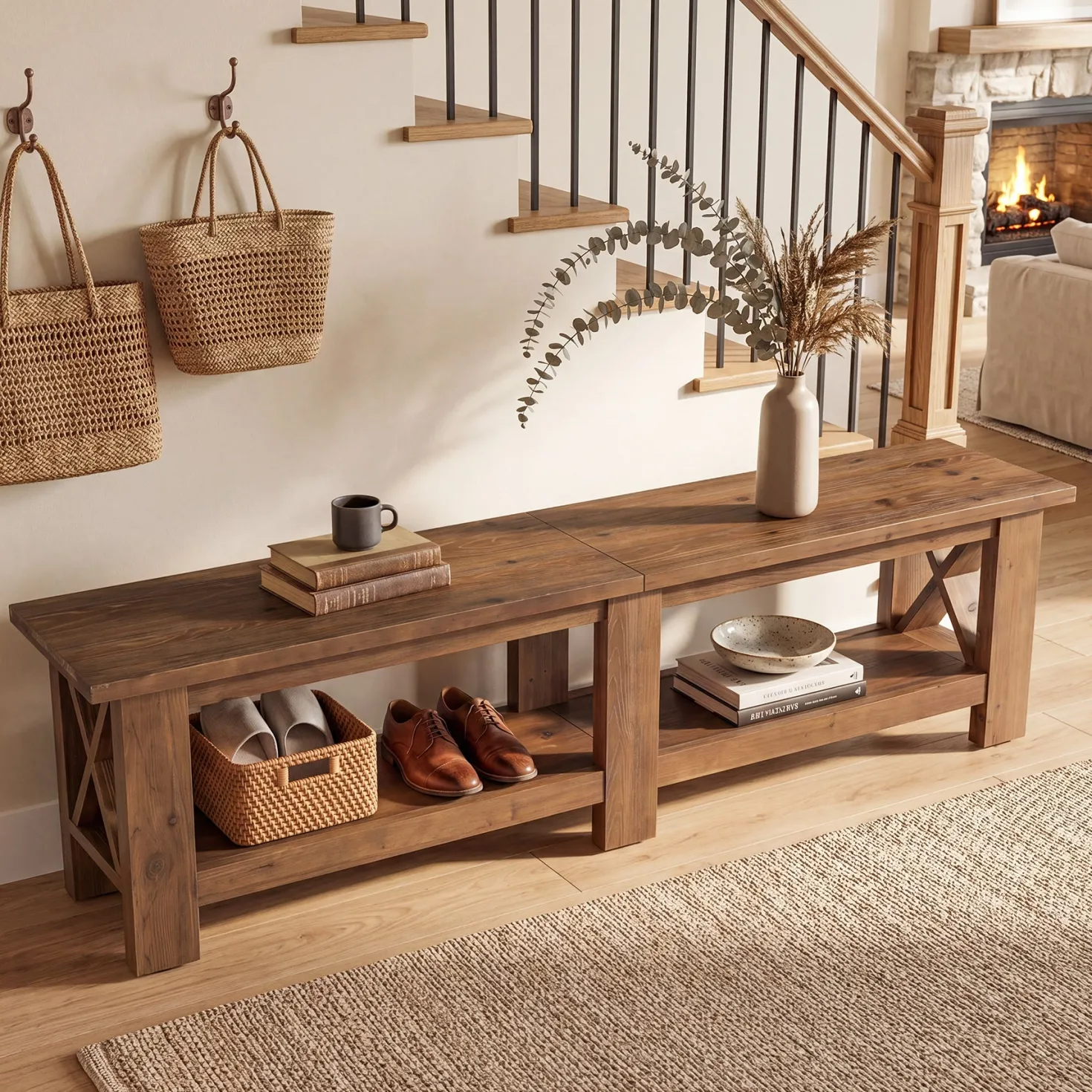 70.87" Solid Wood Entryway Shoe Bench, Farmhouse End of Bed Bench with Storage