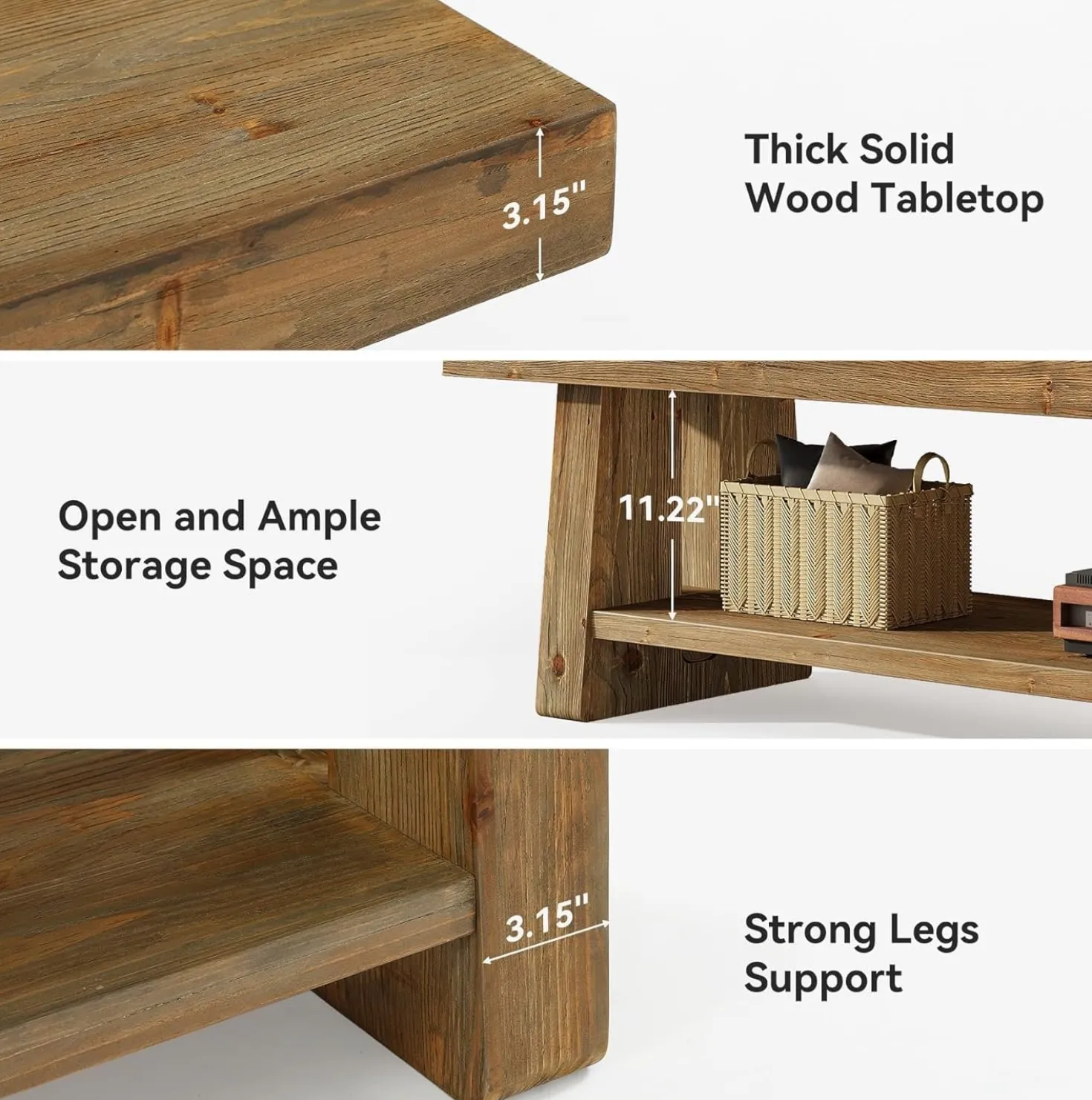 63" Solid Wood Farmhouse Bench with Open Shelves, 2-Tier Shoe Storage Bench for Hallway & Bedroom