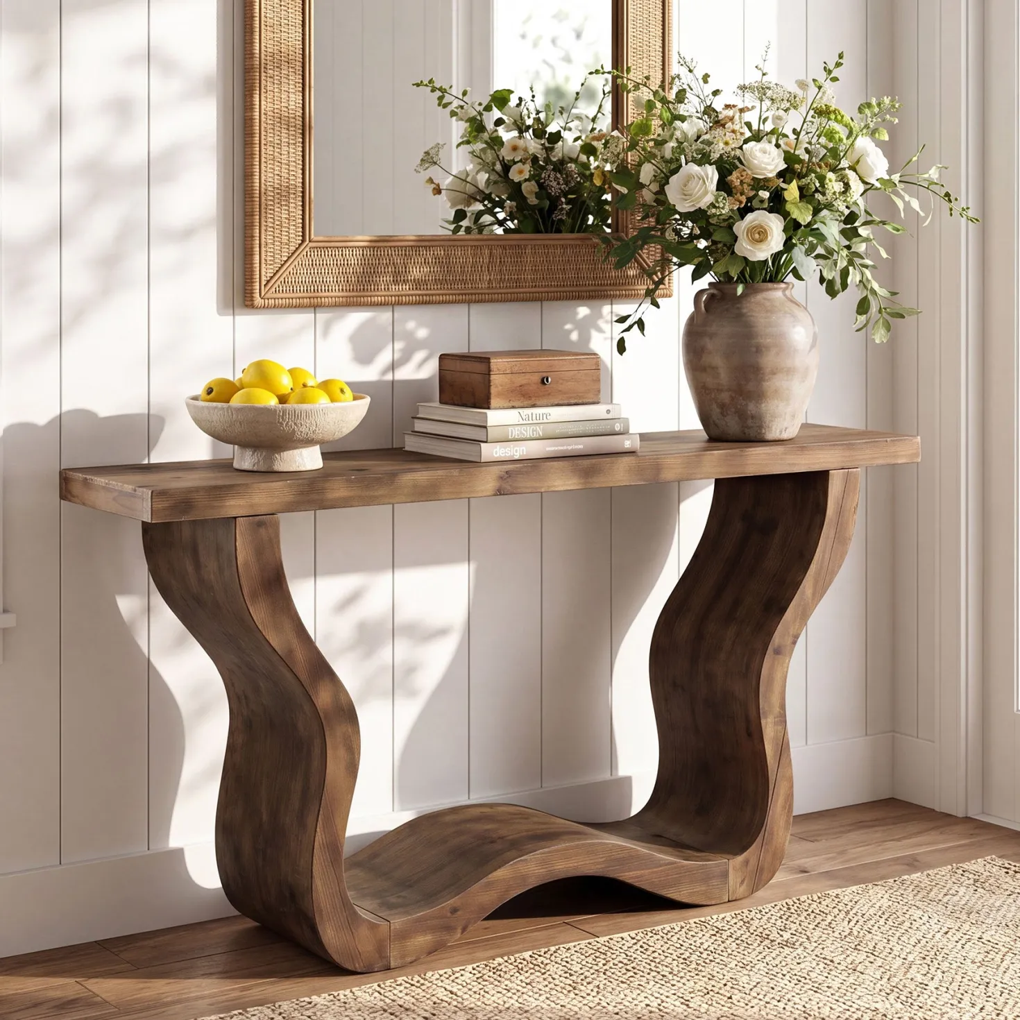 55" Solid Wood Farmhouse Console Table, Artistic Entryway Sofa Table for Hallway & Living Room