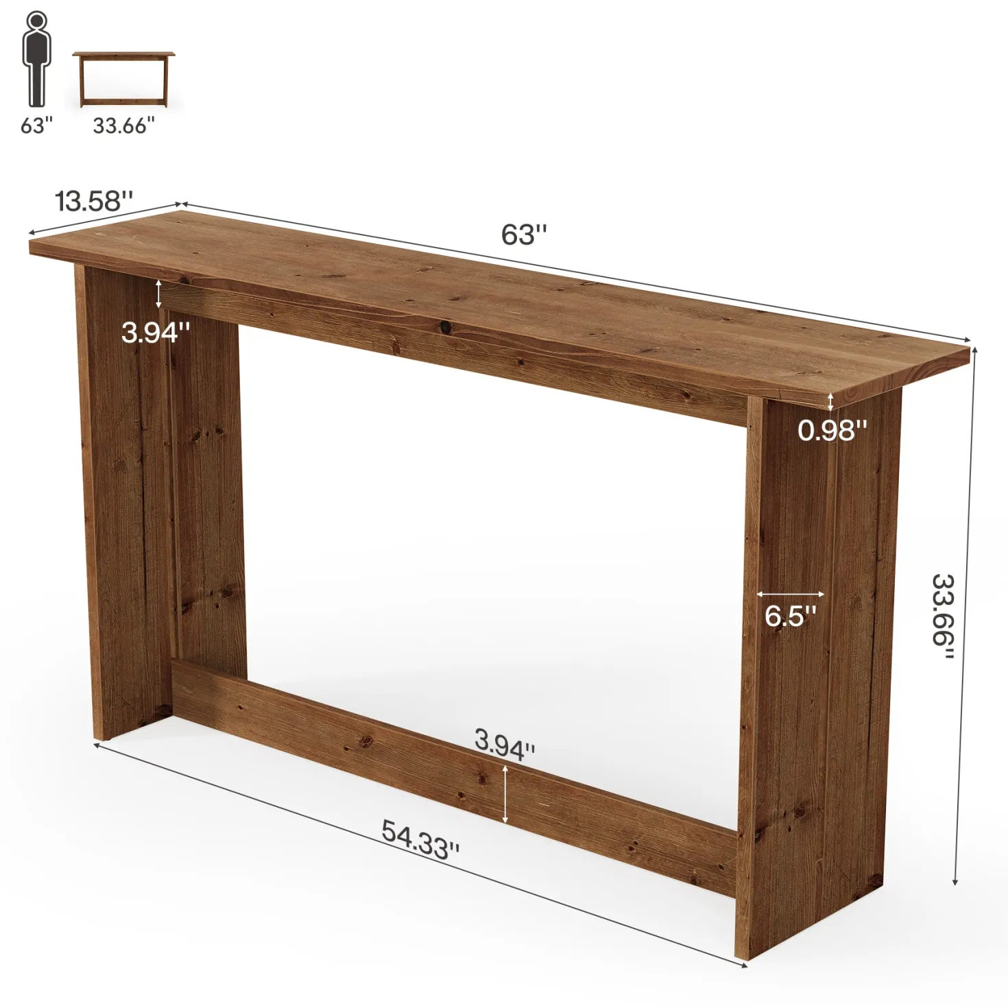 63“ Solid Wood Farmhouse Console Table with Bottom Shelf, Entryway Sofa Table for Hallway or Behind Couch
