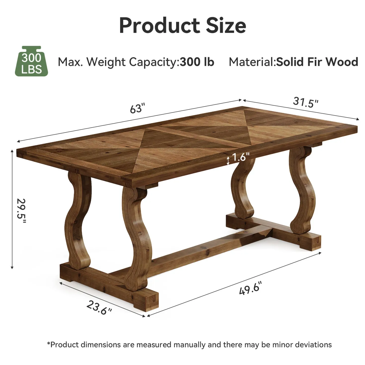 63" Solid Wood Farmhouse Dining Table for 4–6, Rectangular Kitchen Table with Parquetry Top & Scroll Legs