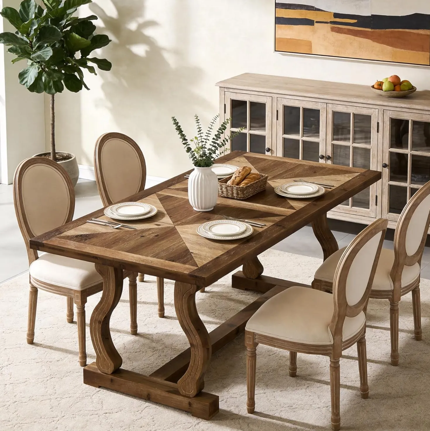 63" Solid Wood Farmhouse Dining Table for 4–6, Rectangular Kitchen Table with Parquetry Top & Scroll Legs