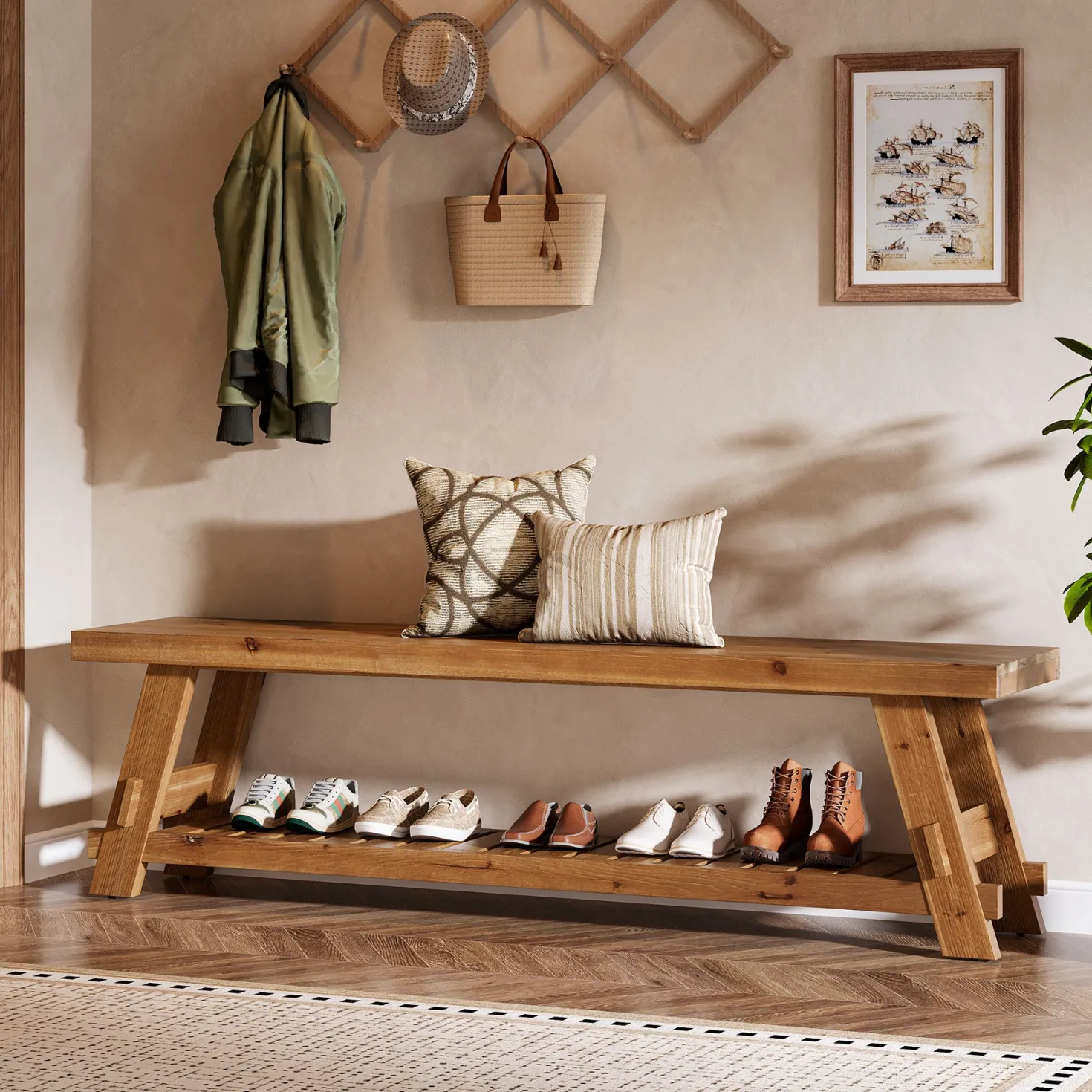 63" Solid Wood Shoe Bench, 2-Tier Entryway Bench with Storage Shelf
