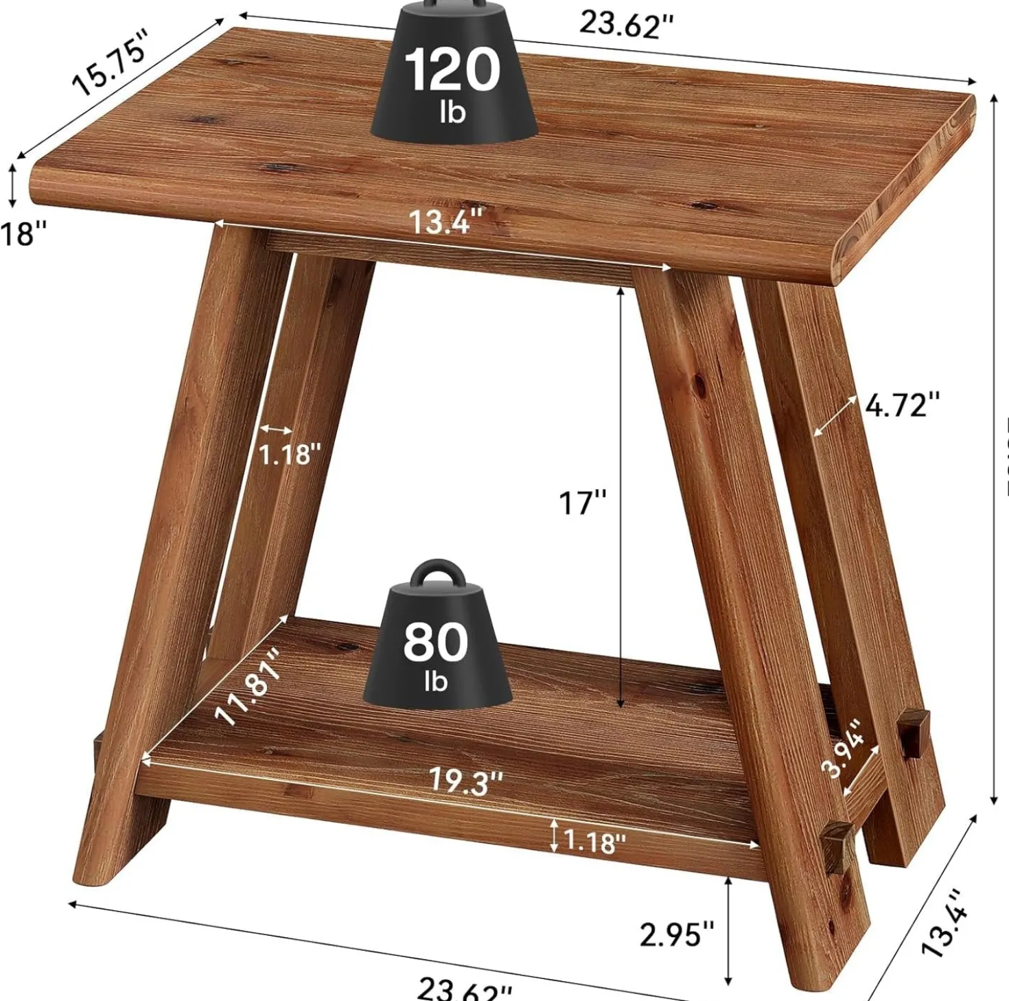 23.62" Solid Wood Side Table, Narrow End Table with 2-Tier Storage for Living Room and Bedroom