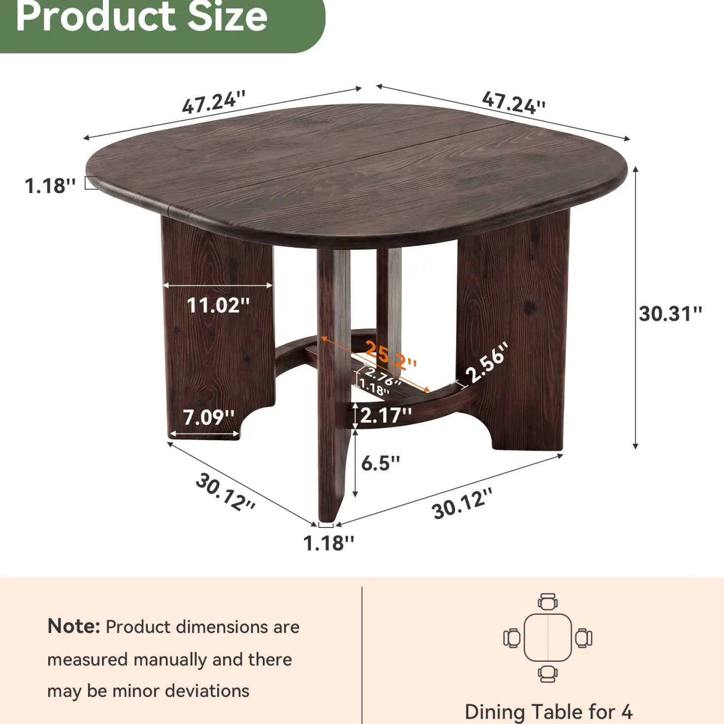 47" Solid Wood Square Dining Table for 4, Farmhouse Kitchen & Dining Room Table